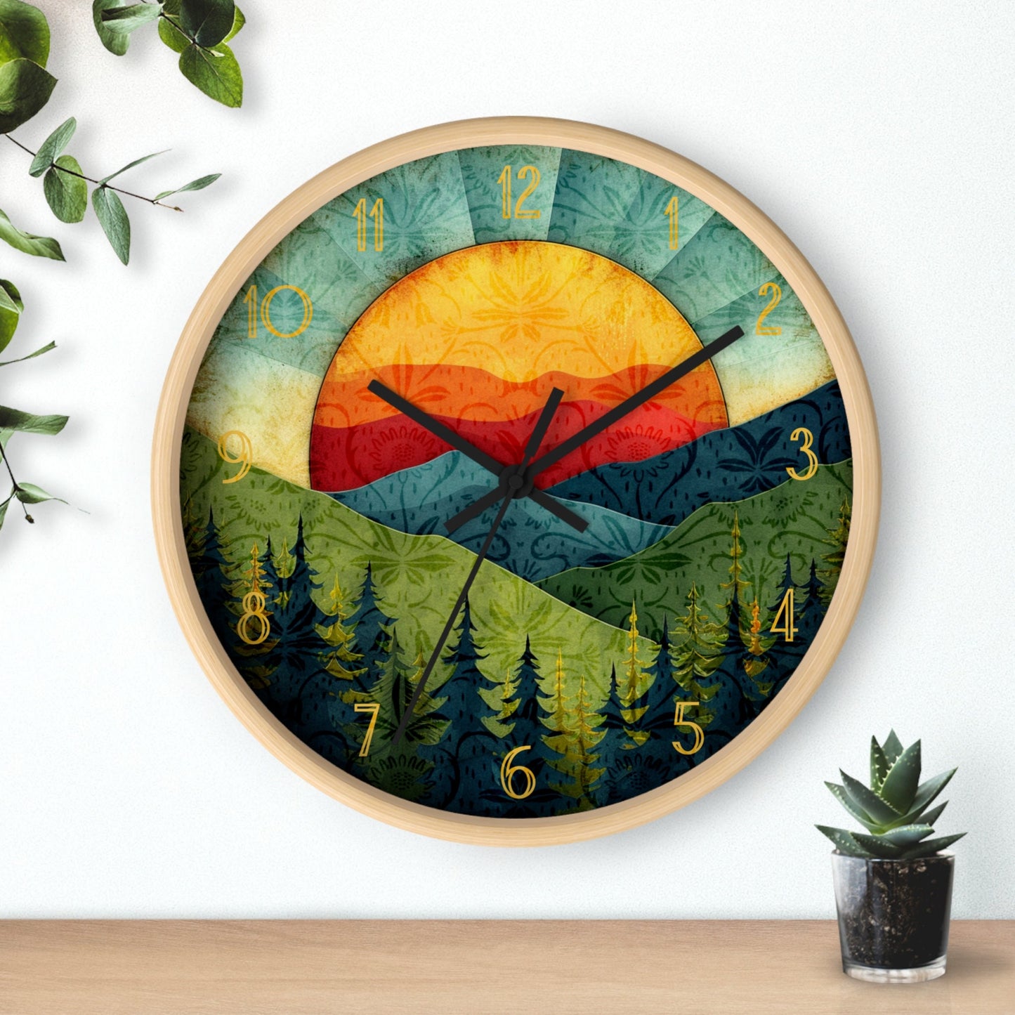 Sunset Mountain Wall Clock: Silent Wooden Home Decor
