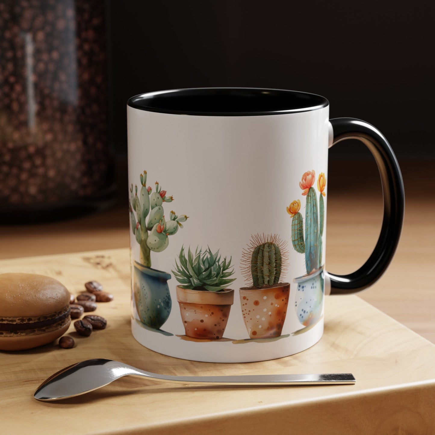 Ceramic Cactus Coffee Mug with Colorful Handle - Southwestern Kitchenware Gift for Plant Lovers