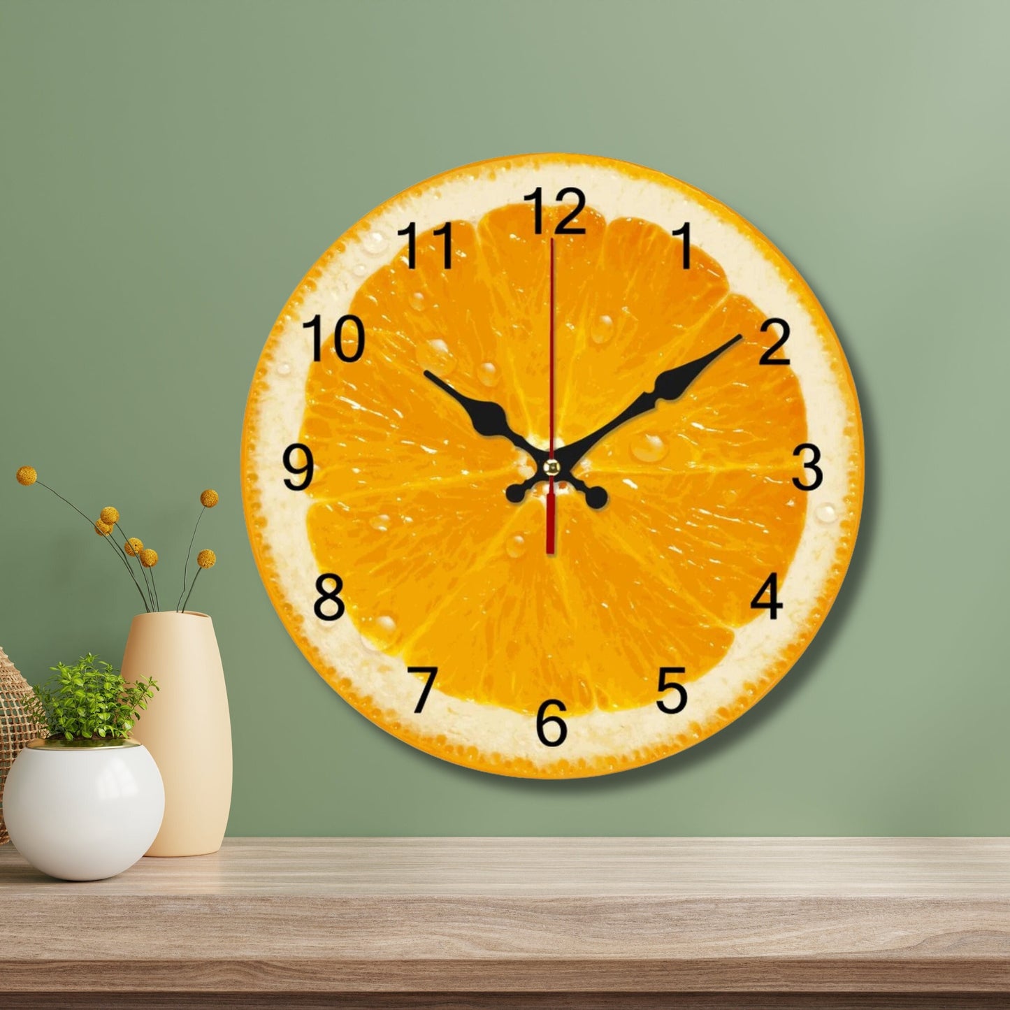 Orange Wall Clock, Retro Wooden Design with UV Print Fruit Style