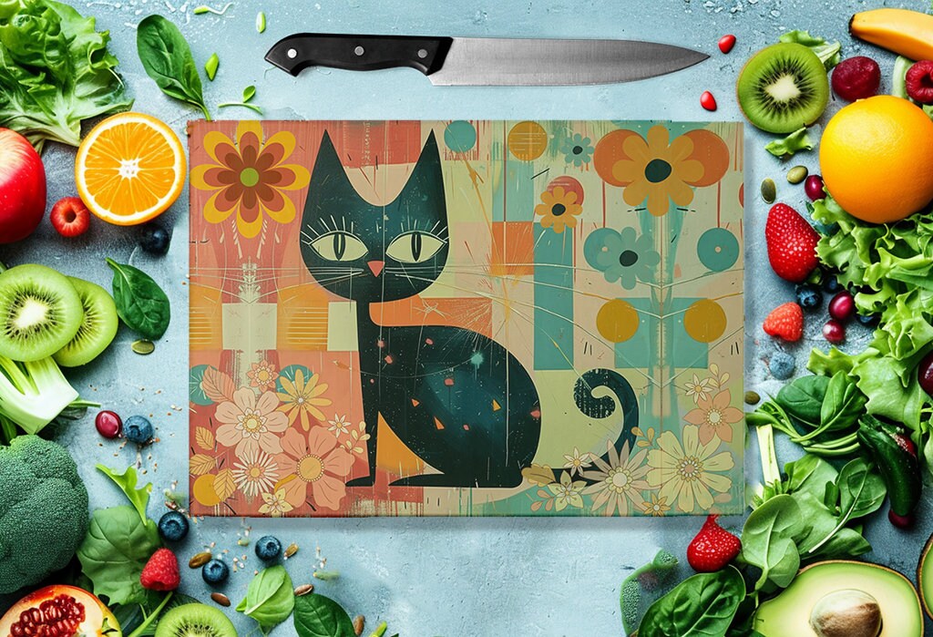 Retro Cat Cutting Board for Meat Veggies Fruits, Ideal Host Gift Kitchenware
