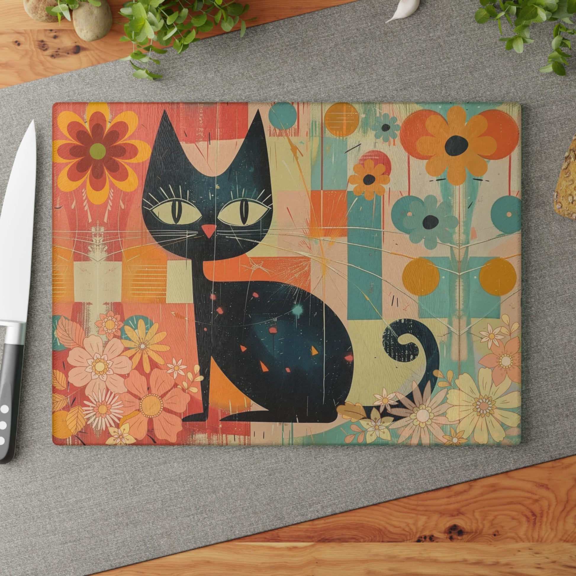 Retro Cat Cutting Board for Meat Veggies Fruits, Ideal Host Gift Kitchenware
