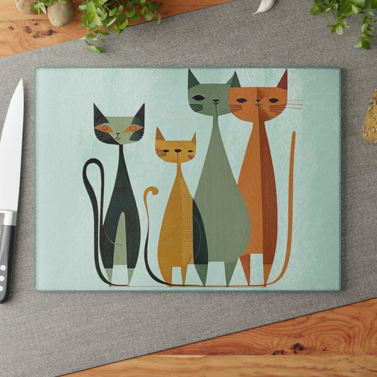 Glass Chopping Board with Vintage Cat Design for Unique Kitchen Decor