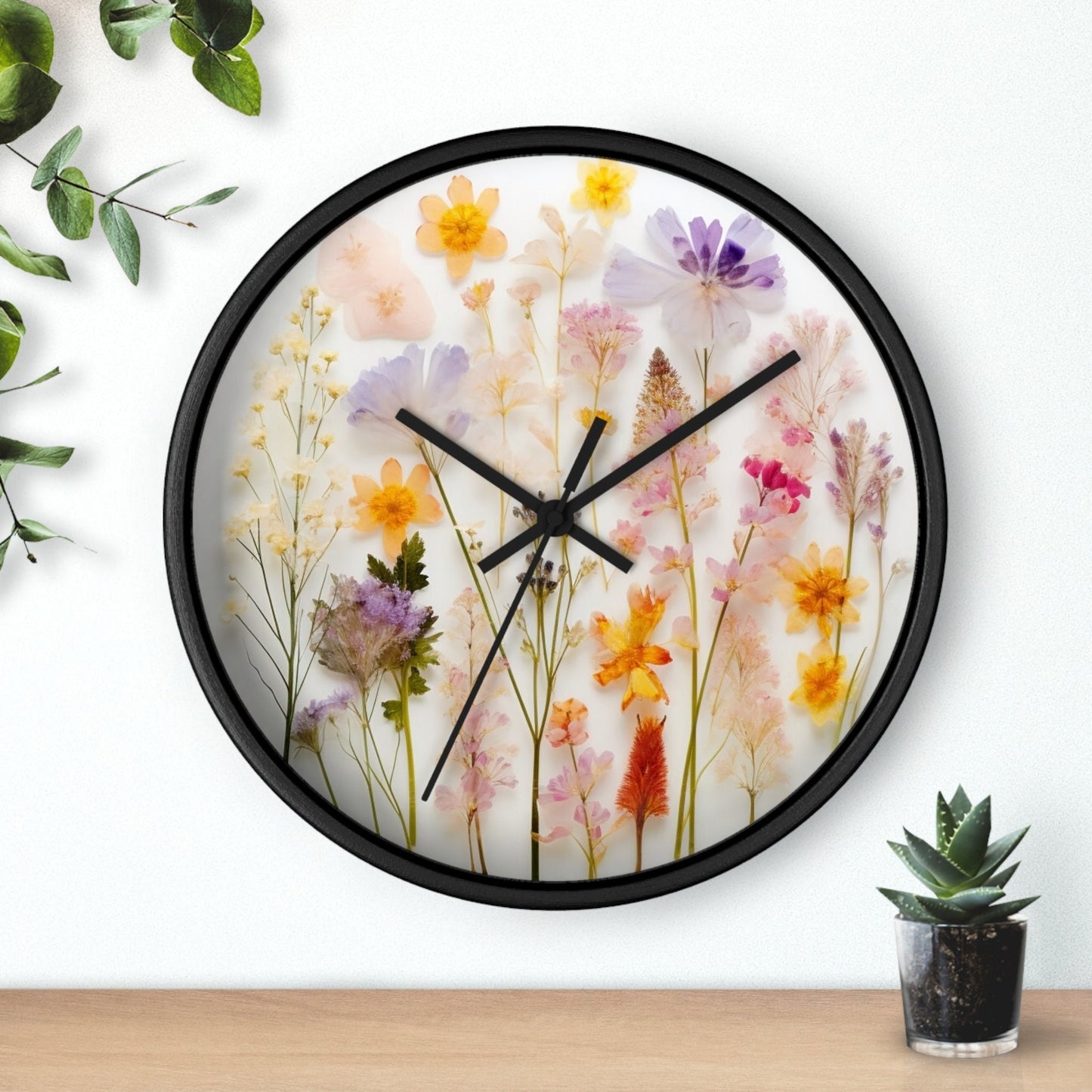 Flower Wall Clock with Floral Print, Elegant Home Decor Timepiece