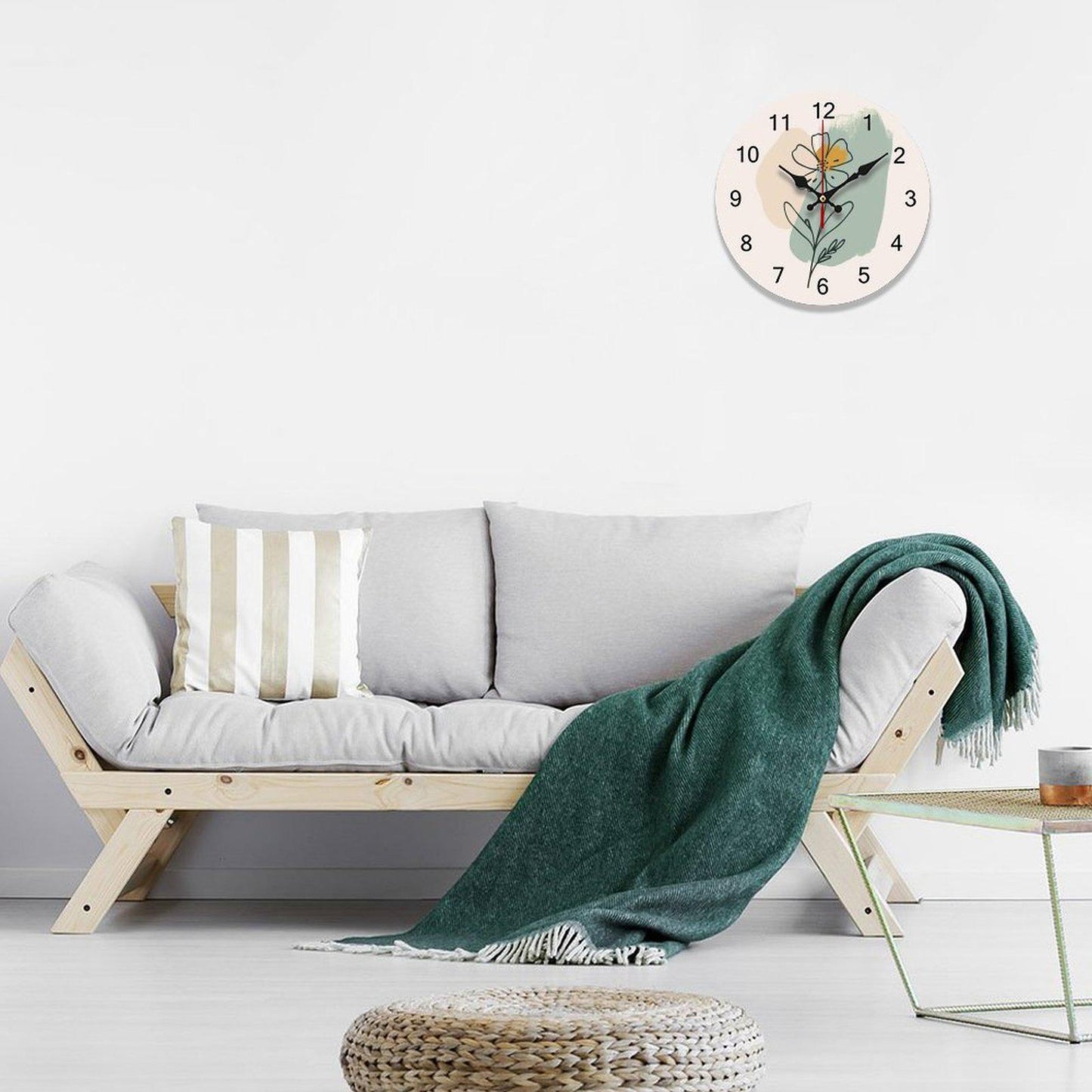 Floral Wooden Wall Clock: Silent Minimalist Timepiece for Home Decor