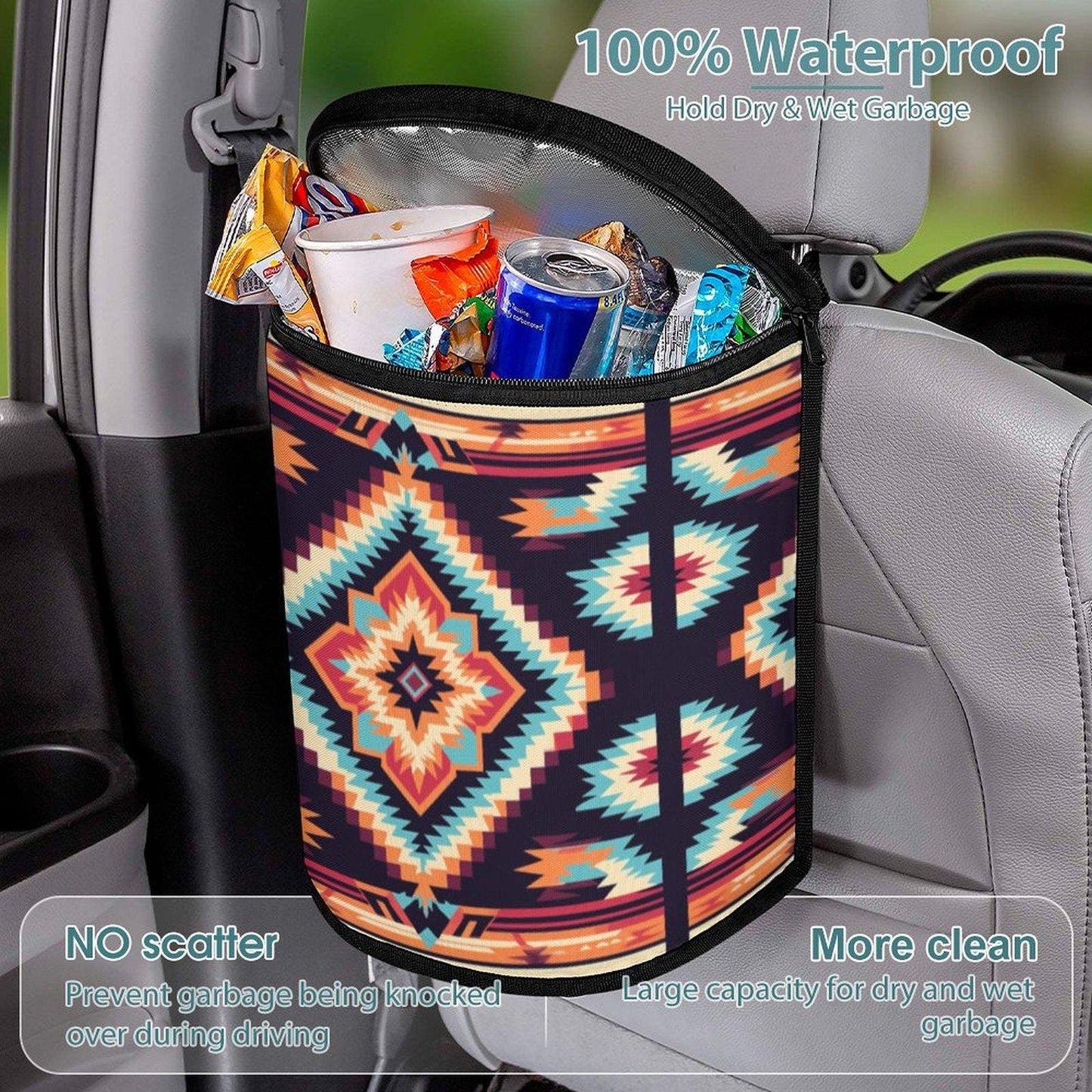 Collapsible Native-Designed Car Trash Bin: Decorative Foldable Auto Garbage Container for Vehicle Organization