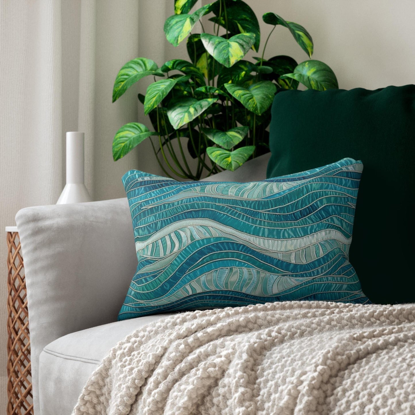 Oceaninspired Wavy Blue Lumbar Pillow, 20 x 14 Inch 100% Polyester Cover, Double-Sided Print