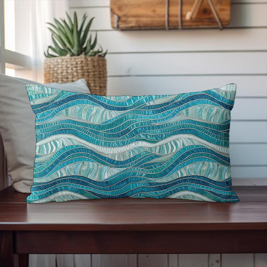 Ocean-Inspired Blue Wave Lumbar Pillow - Decorative Coastal Cushion for Bedroom, Living Room