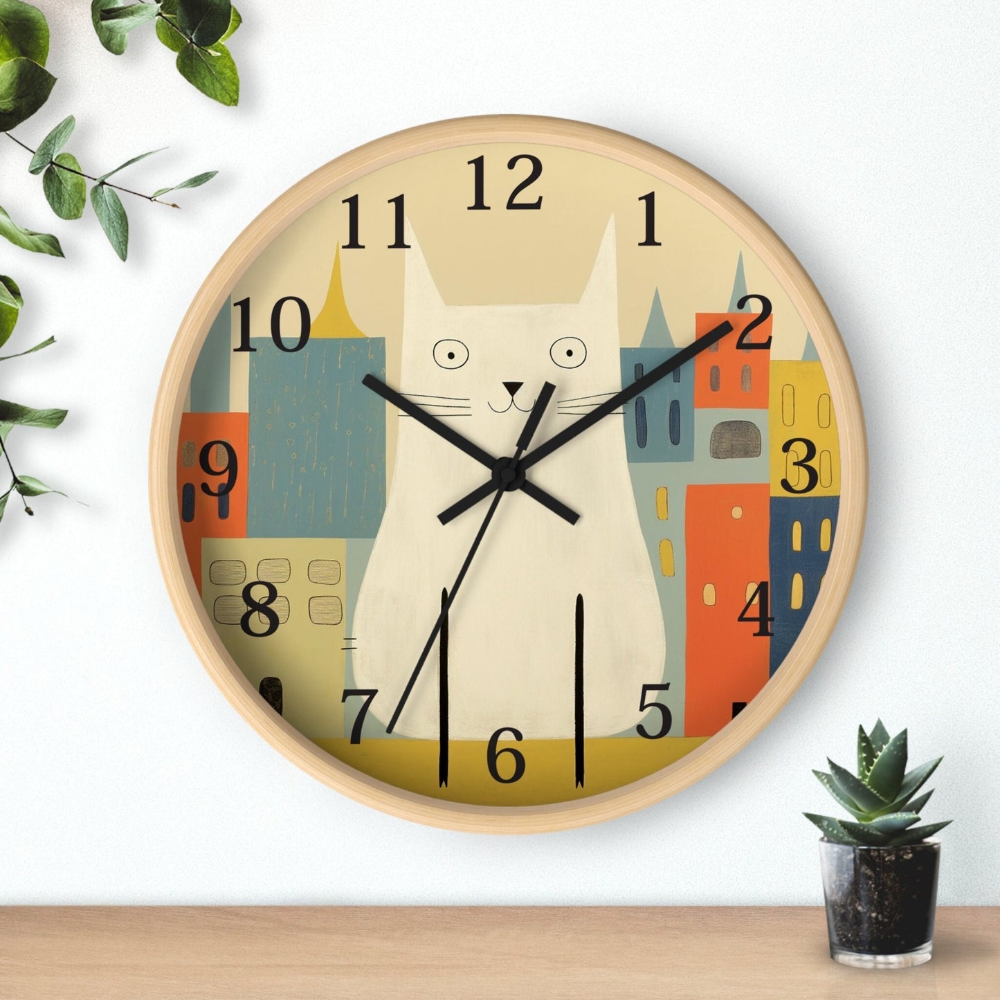 Retro Cat Clock, Wooden Wall Decor with Plexiglass Face