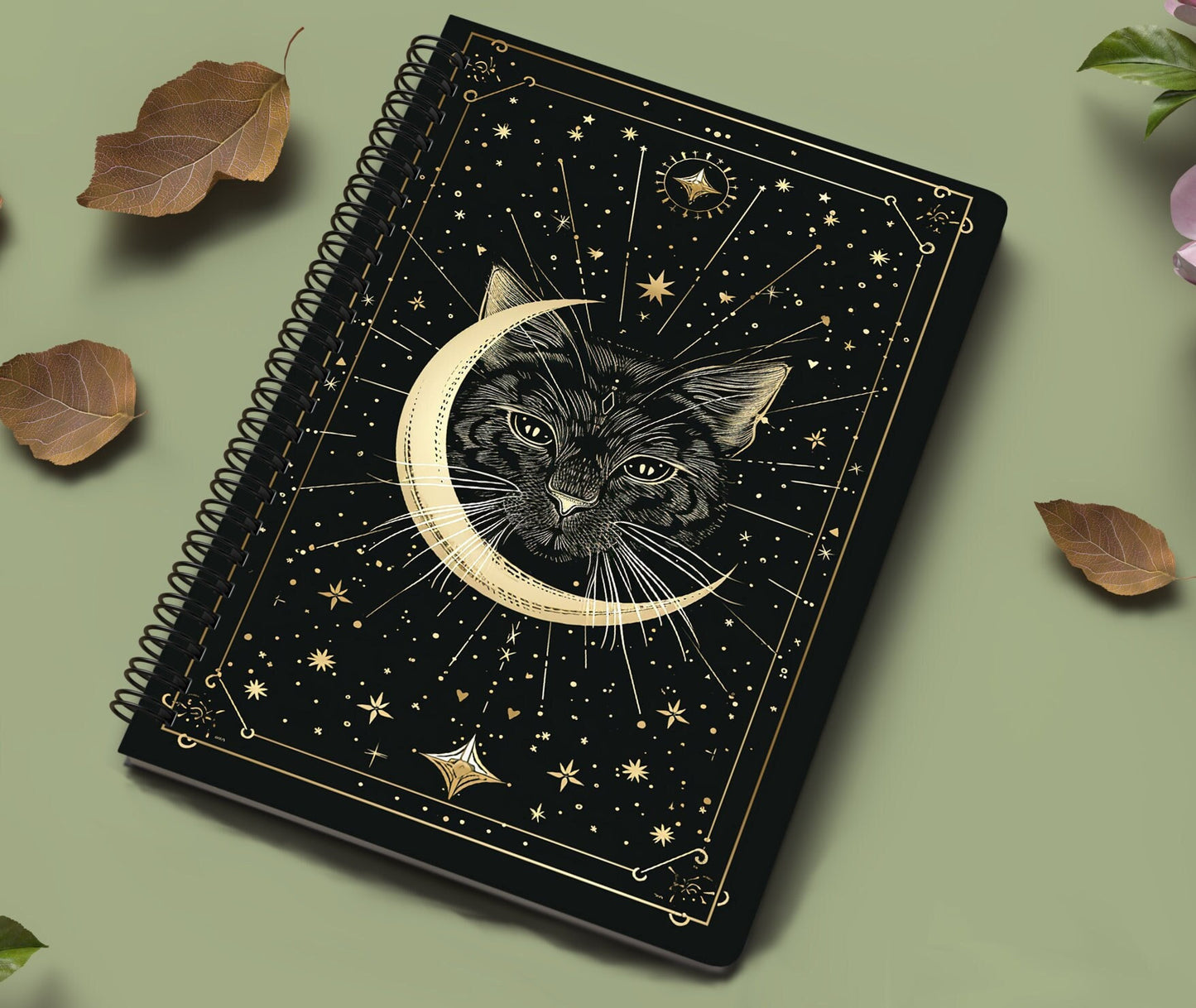 Mystical Cat Journal: Black & Gold Spiral Notebook for Writers