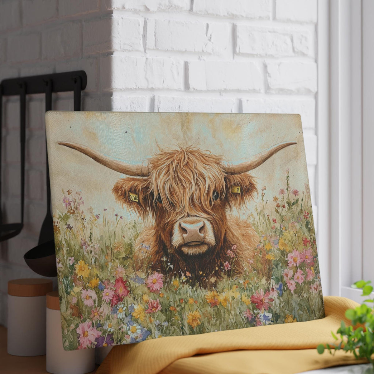 Highland Cow Glass Cutting Board: Rustic Farmhouse Kitchen Decor for Culinary Enthusiasts