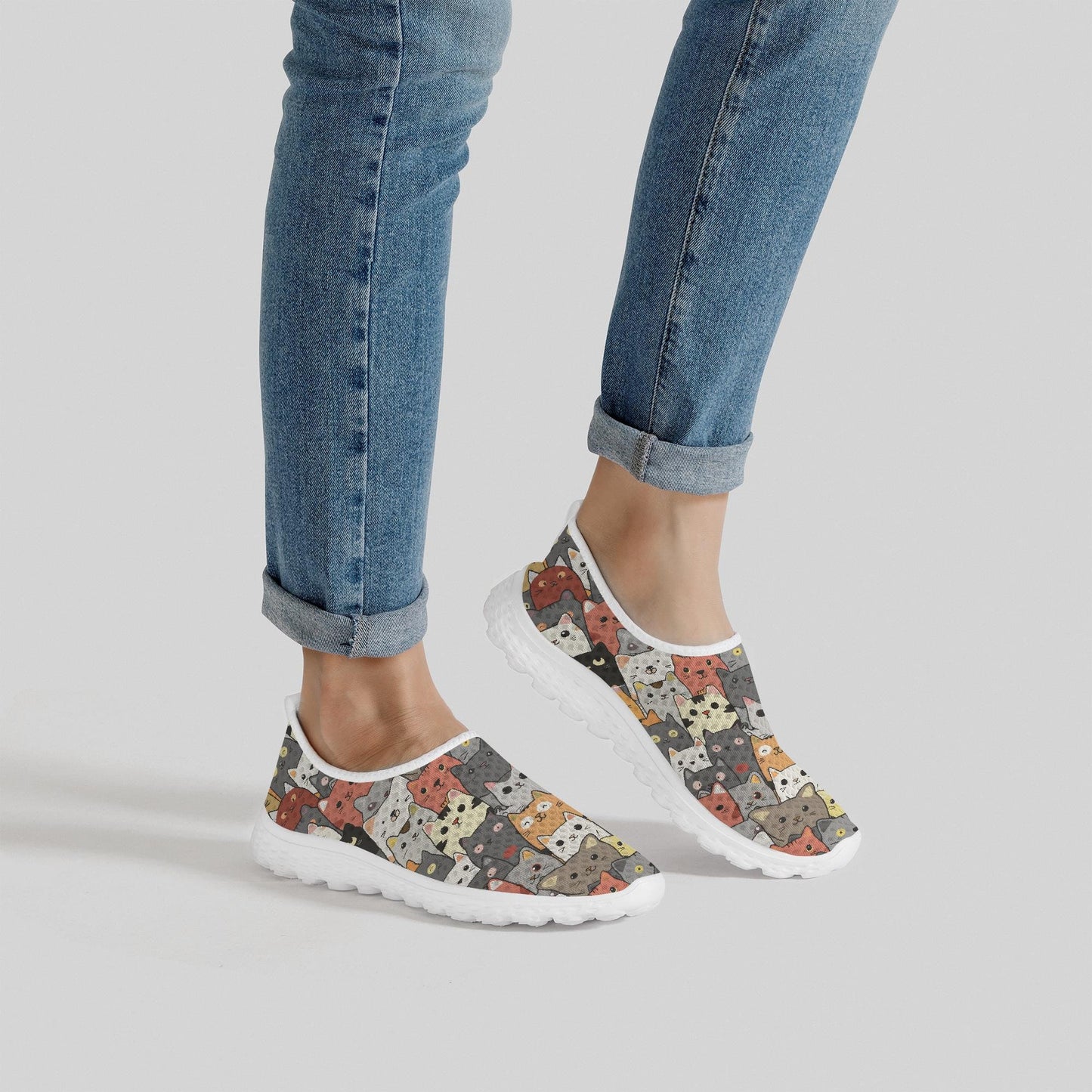 Cat Design Sneakers for Women, Breathable Slip-On Mesh Shoes with Fun Graphics
