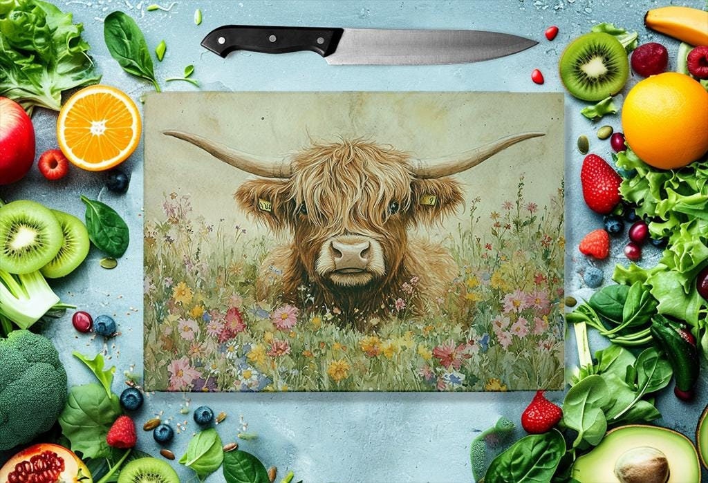 Highland Cow Glass Cutting Board: Rustic Farmhouse Kitchen Decor for Culinary Enthusiasts