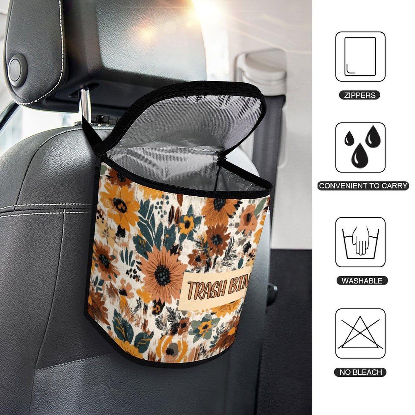 Floral Car Trash Bin: Portable Auto Waste Container for Tidy Vehicle Interior Organization