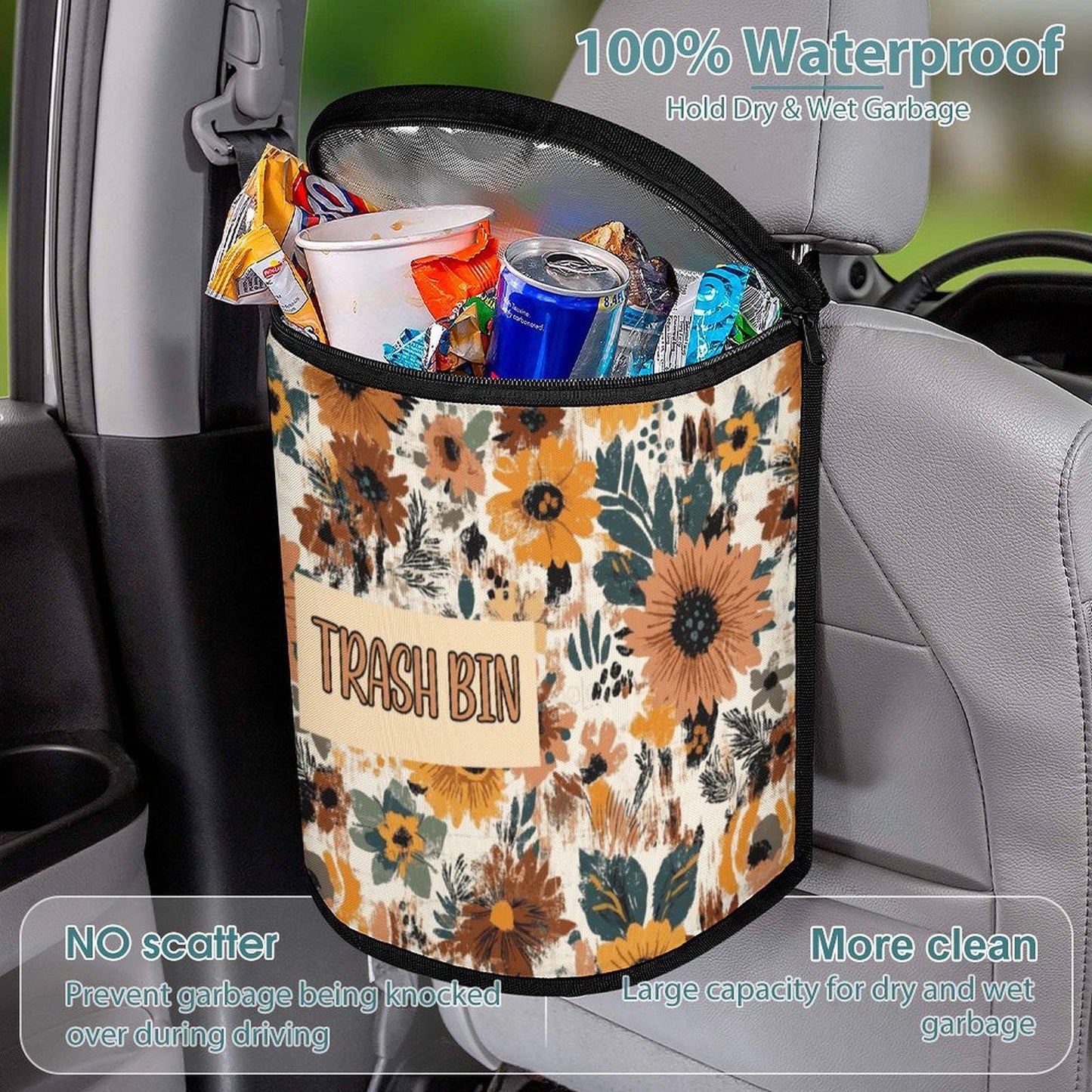 Floral Car Trash Bin: Portable Auto Waste Container for Tidy Vehicle Interior Organization