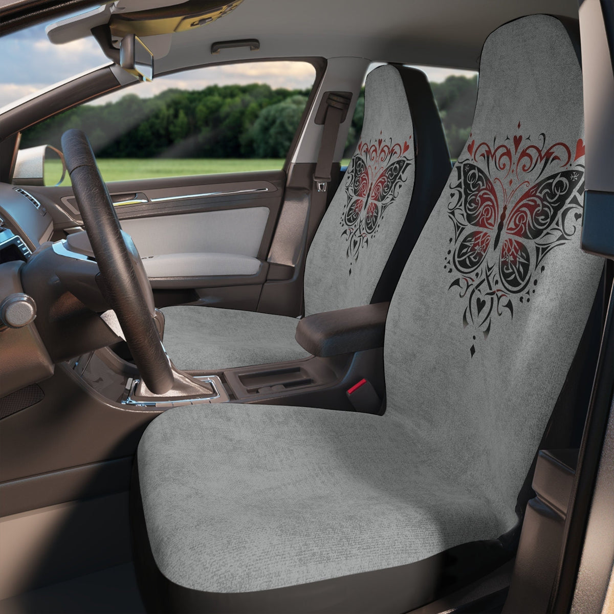 Automotive Protector, Gray Butterfly Car Seat Covers, Polyester Set of Two