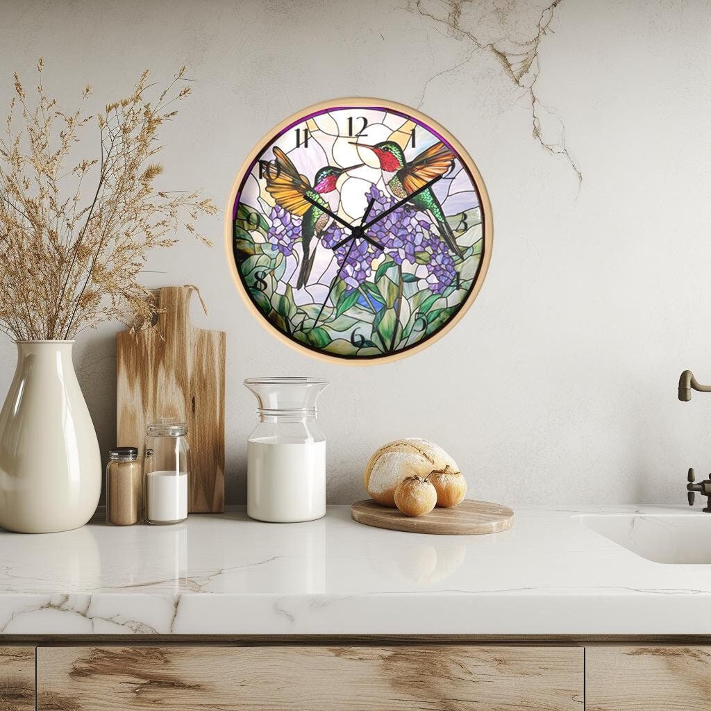 Silent Wall Clock With Colorful Hummingbird Design, 10 x 10 Inch, Plexiglass And Wood
