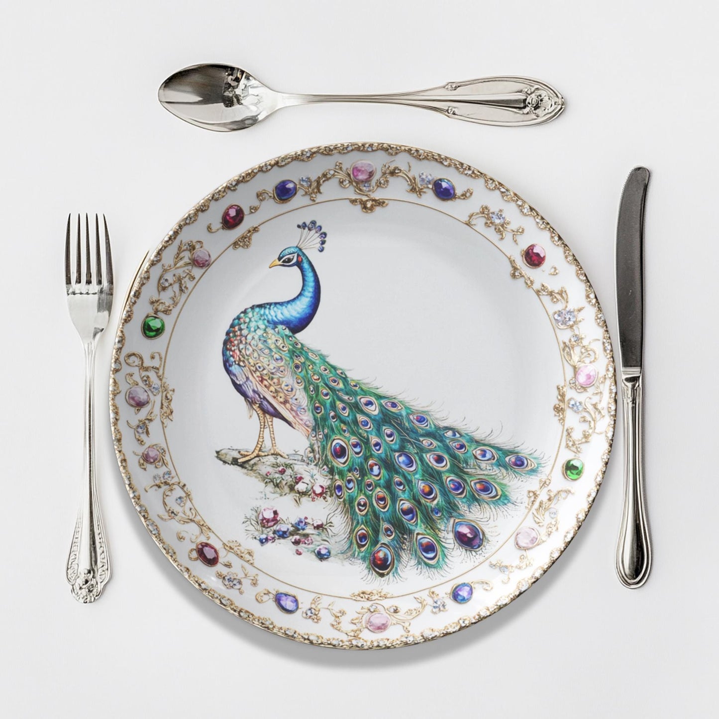 Peacock-Inspired ThermoSaf Dinner Plates for Formal Dining and Special Occasions