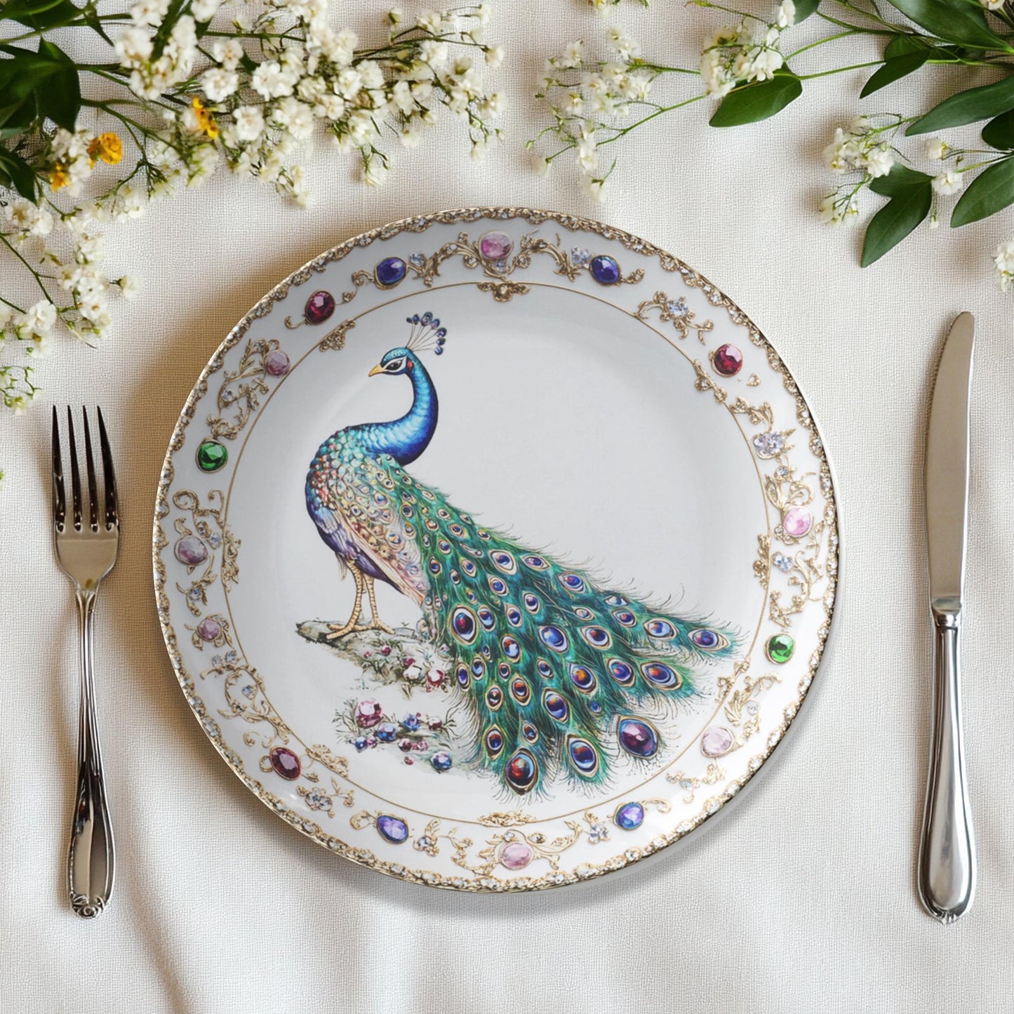 Peacock-Inspired ThermoSaf Dinner Plates for Formal Dining and Special Occasions