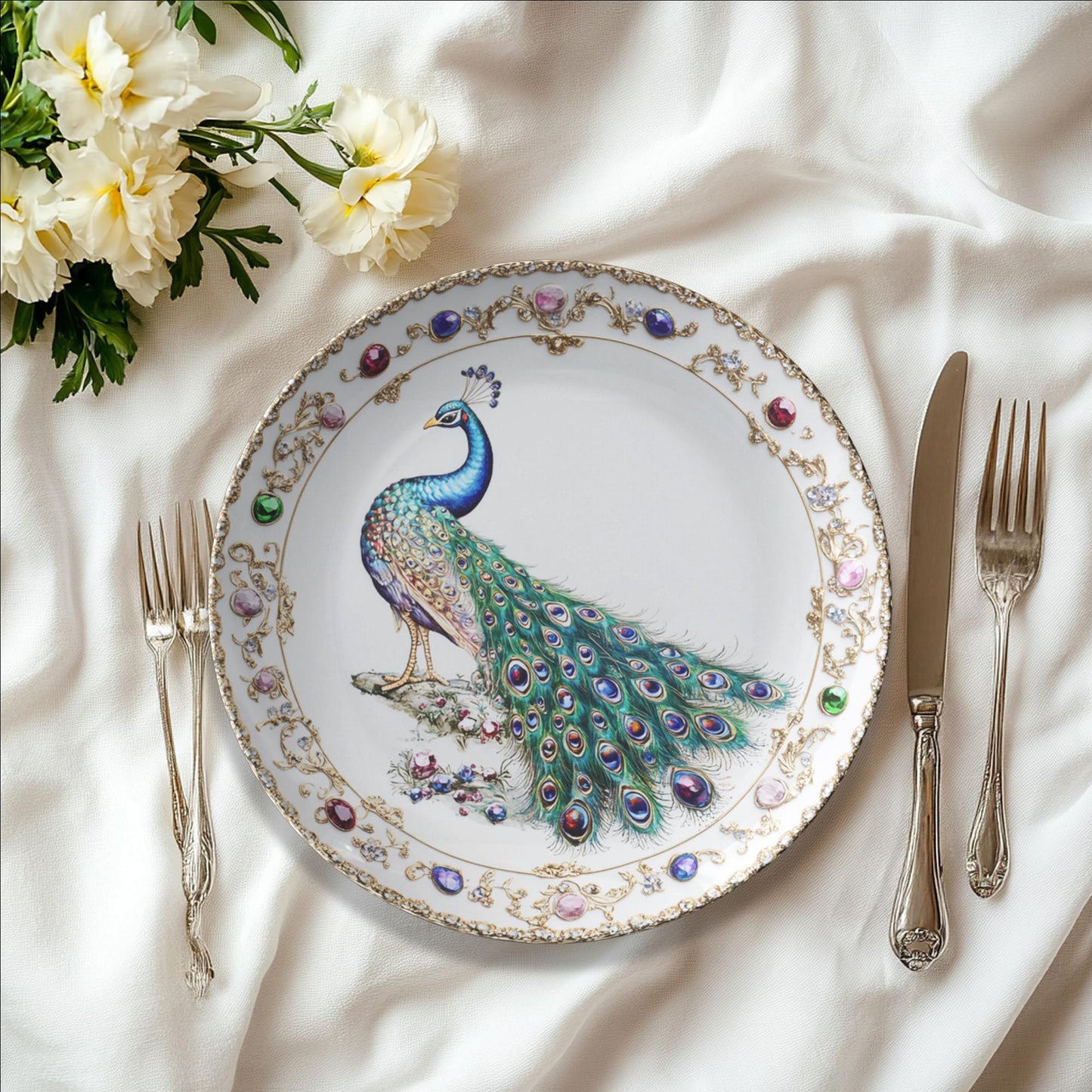 Peacock-Inspired ThermoSaf Dinner Plates for Formal Dining and Special Occasions