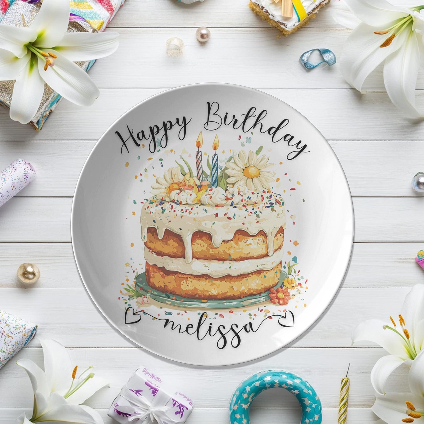 Personalized Floral Birthday Cake Plate: Durable Thermosaf Tableware for Memorable Celebrations