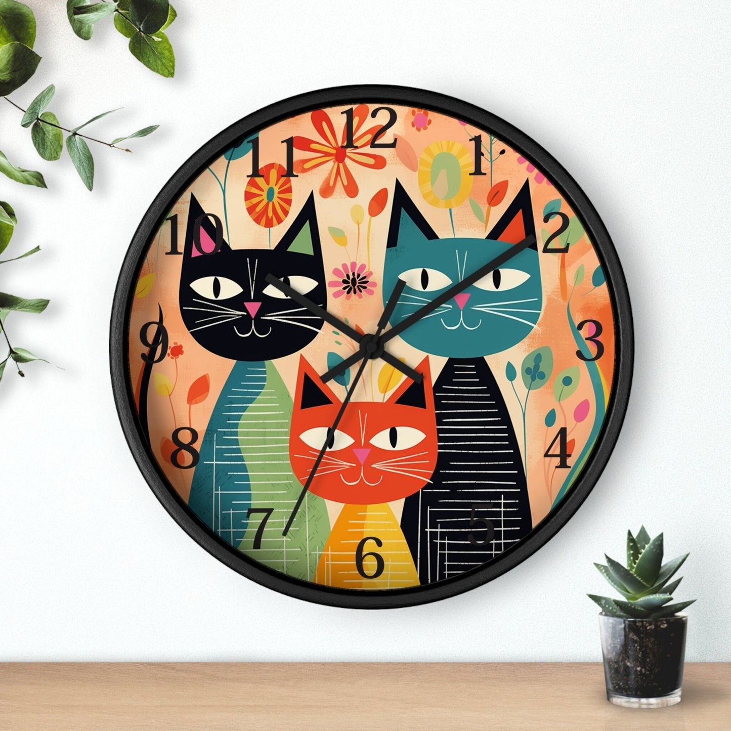 Feline Wall Clock, Retro Cat Design in Mid-Century Style for Home Decor
