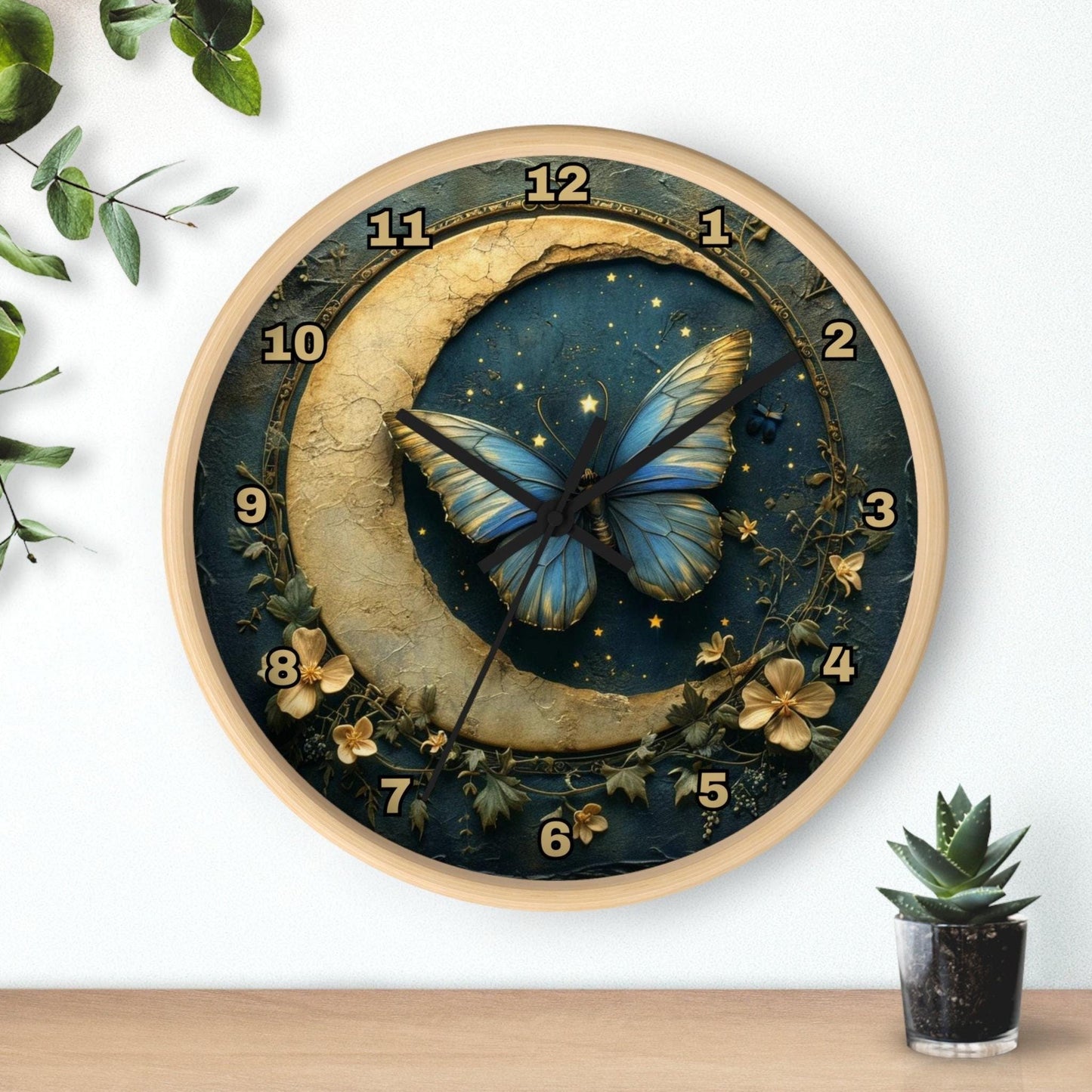 Celestial Butterfly Moon Wall Clock: Elegant Bedroom Decor Timepiece