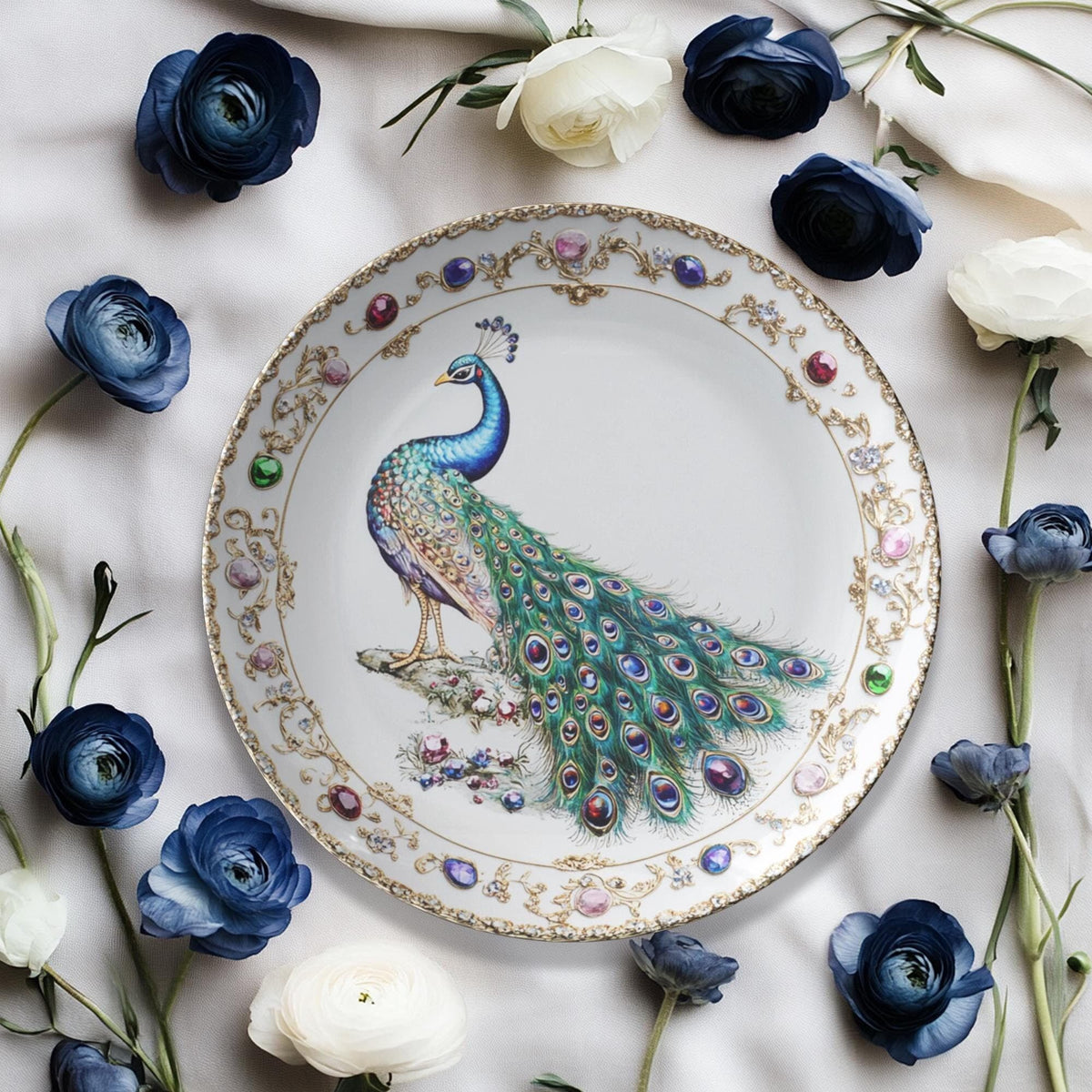 Peacock-Inspired ThermoSaf Dinner Plates for Formal Dining and Special Occasions