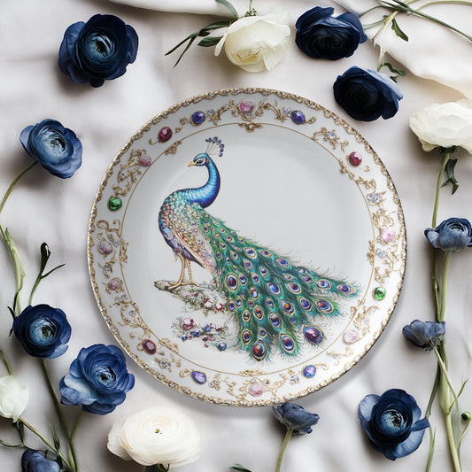 Peacock-Inspired ThermoSaf Dinner Plates for Formal Dining and Special Occasions
