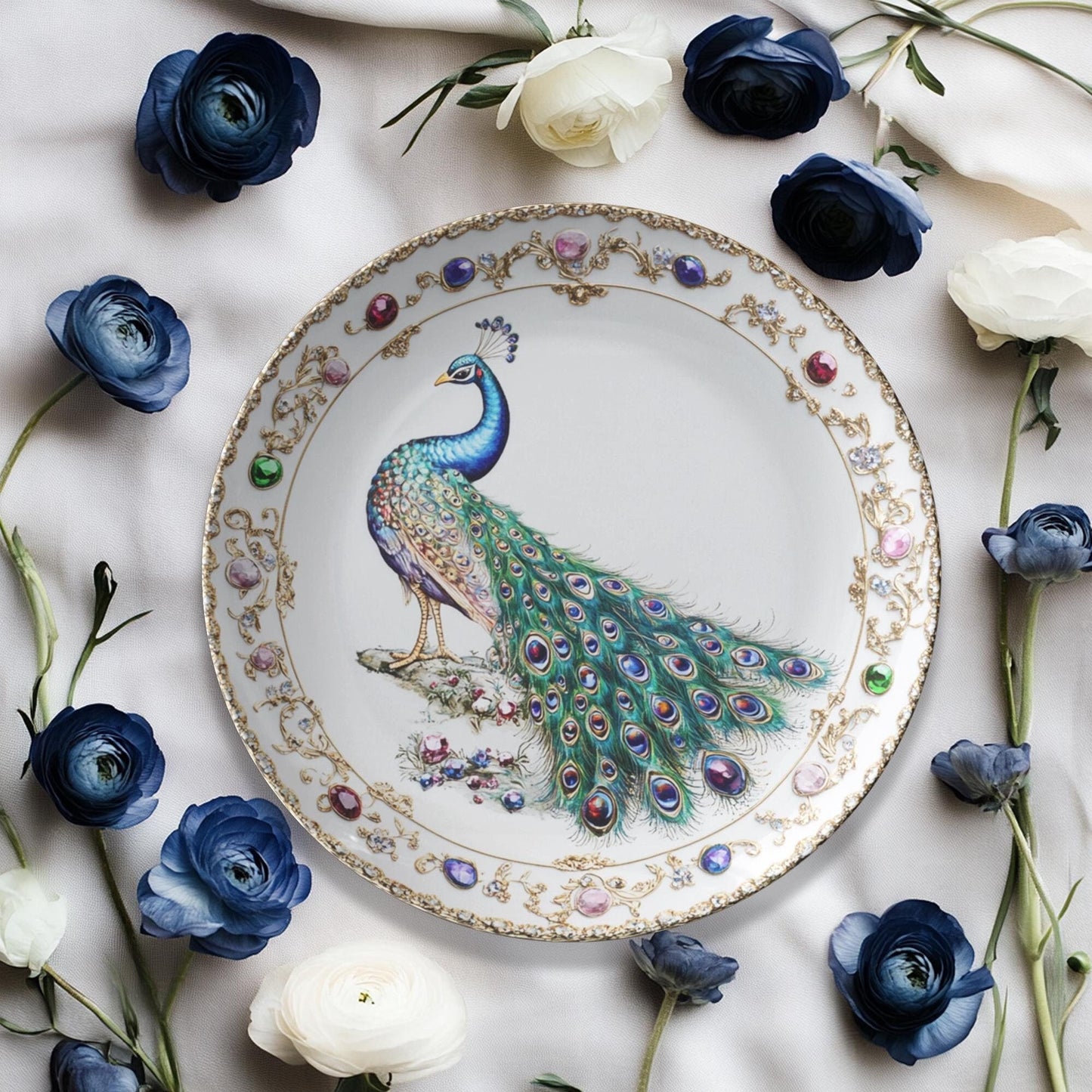 Peacock-Inspired ThermoSaf Dinner Plates for Formal Dining and Special Occasions
