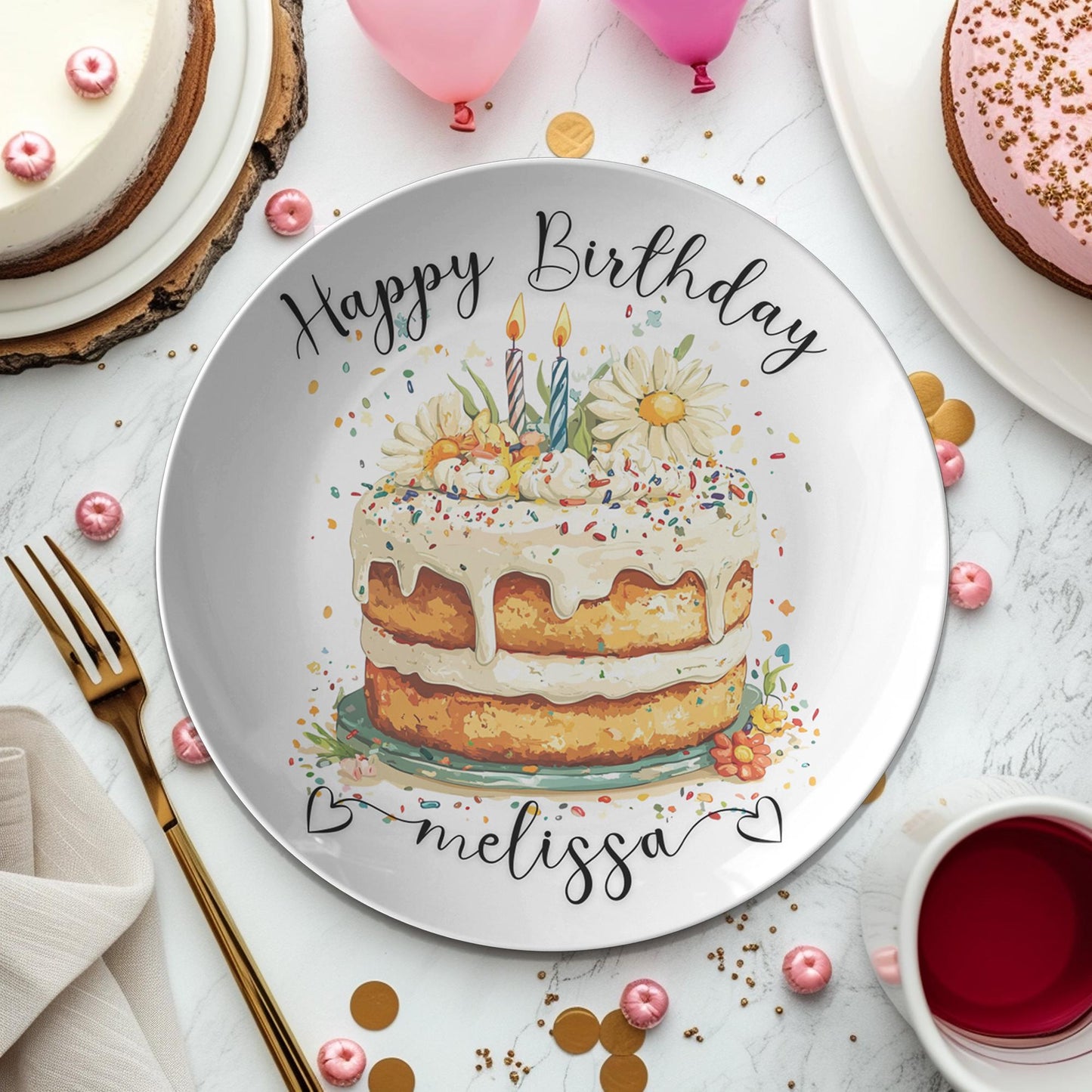 Personalized Floral Birthday Cake Plate: Durable Thermosaf Tableware for Memorable Celebrations