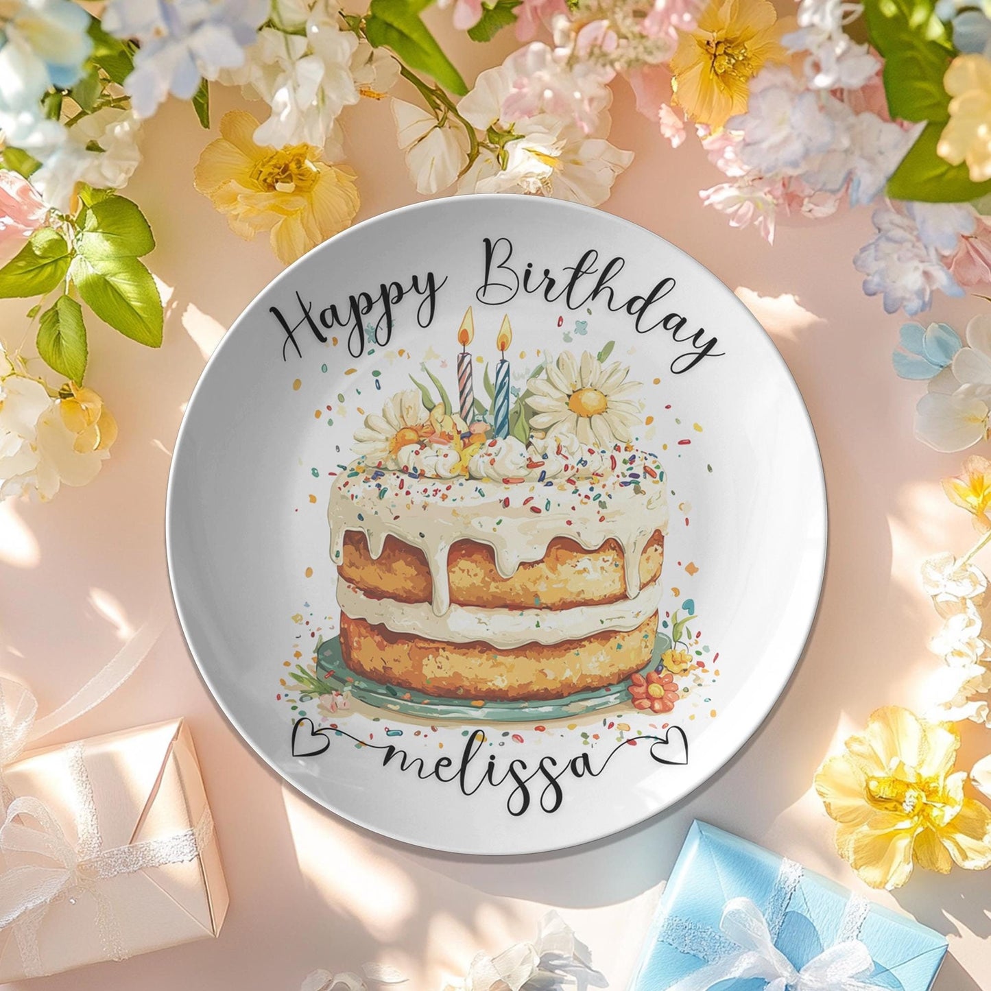 Personalized Floral Birthday Cake Plate: Durable Thermosaf Tableware for Memorable Celebrations