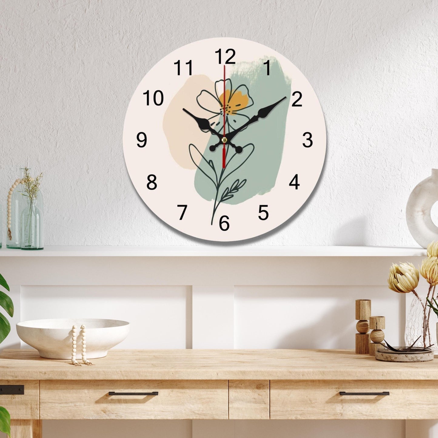 Floral Wooden Wall Clock: Silent Minimalist Timepiece for Home Decor