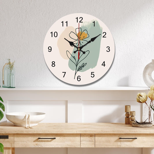 Floral Wooden Wall Clock: Silent Minimalist Timepiece for Home Decor