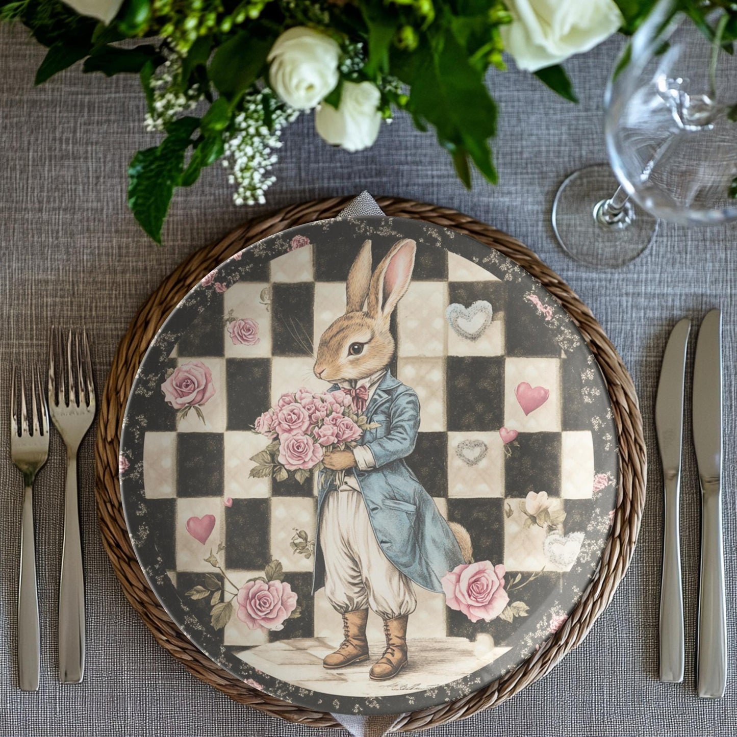 Checkered Rabbit Dinner Plates: Farmhouse ThermoSaf Tableware for Easter & Everyday Dining