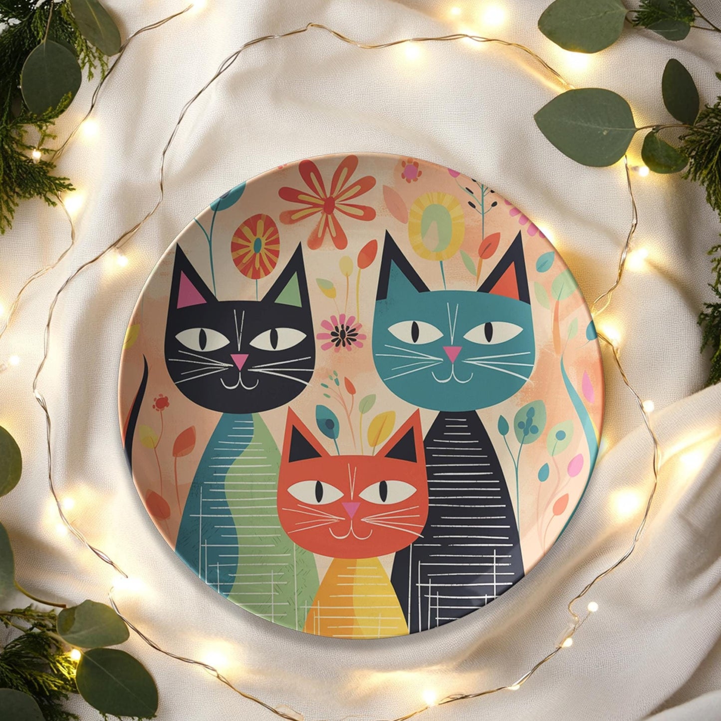 Cat Dinner Plate, 10-Inch ThermoSaf Polymer Retro Tableware, Microwave And Dishwasher Safe