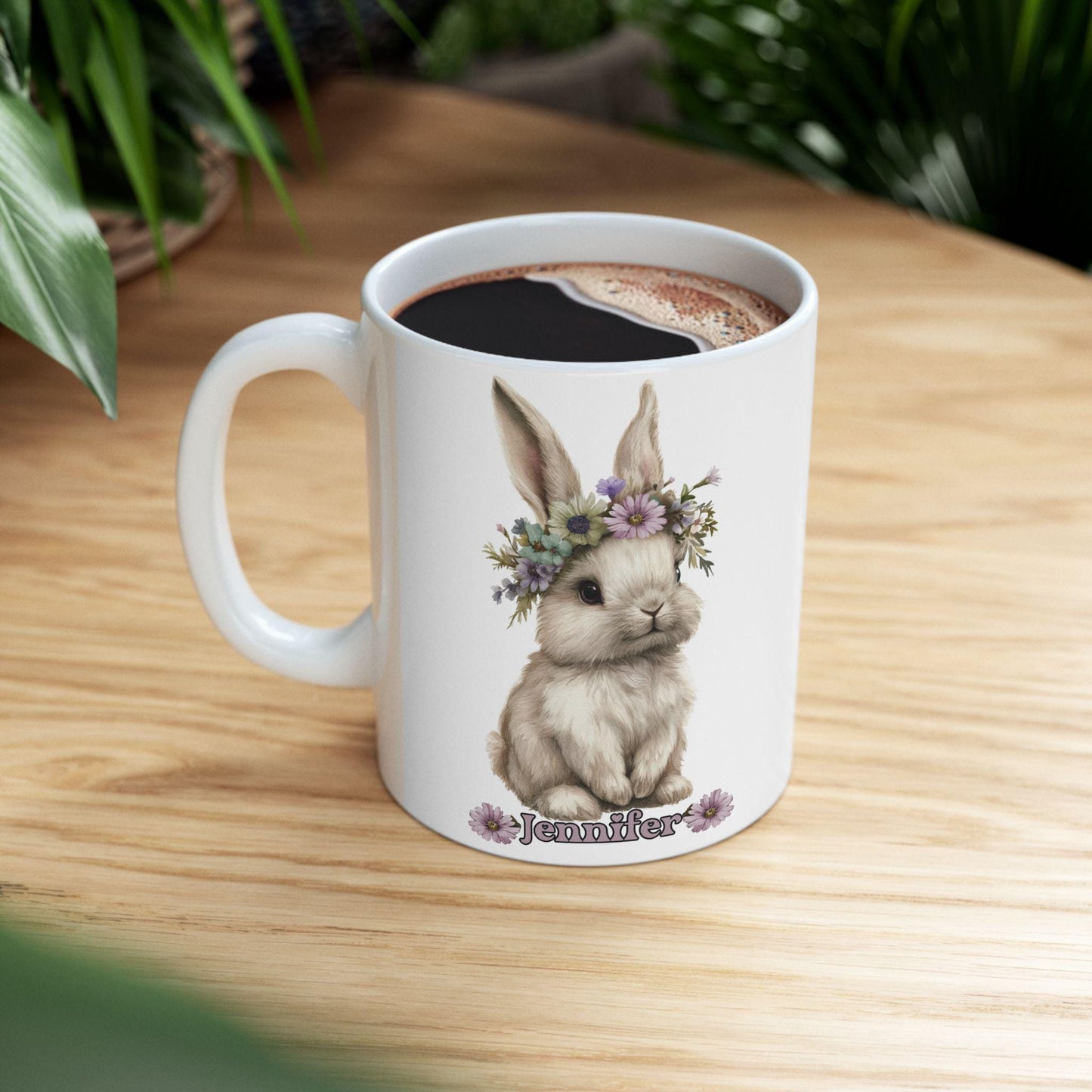 Floral Bunny Ceramic Mug - Rabbit Coffee Cup Easter Gift for Animal Lovers Spring Decor