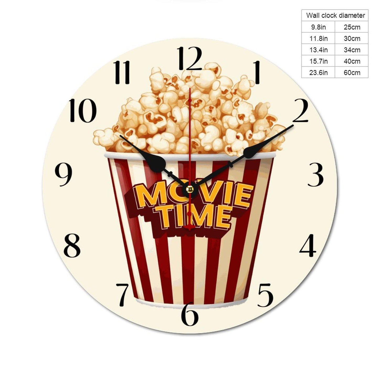 Popcorn Wall Clock for Cinema Lovers - Red Movie Night Decor without Numbers