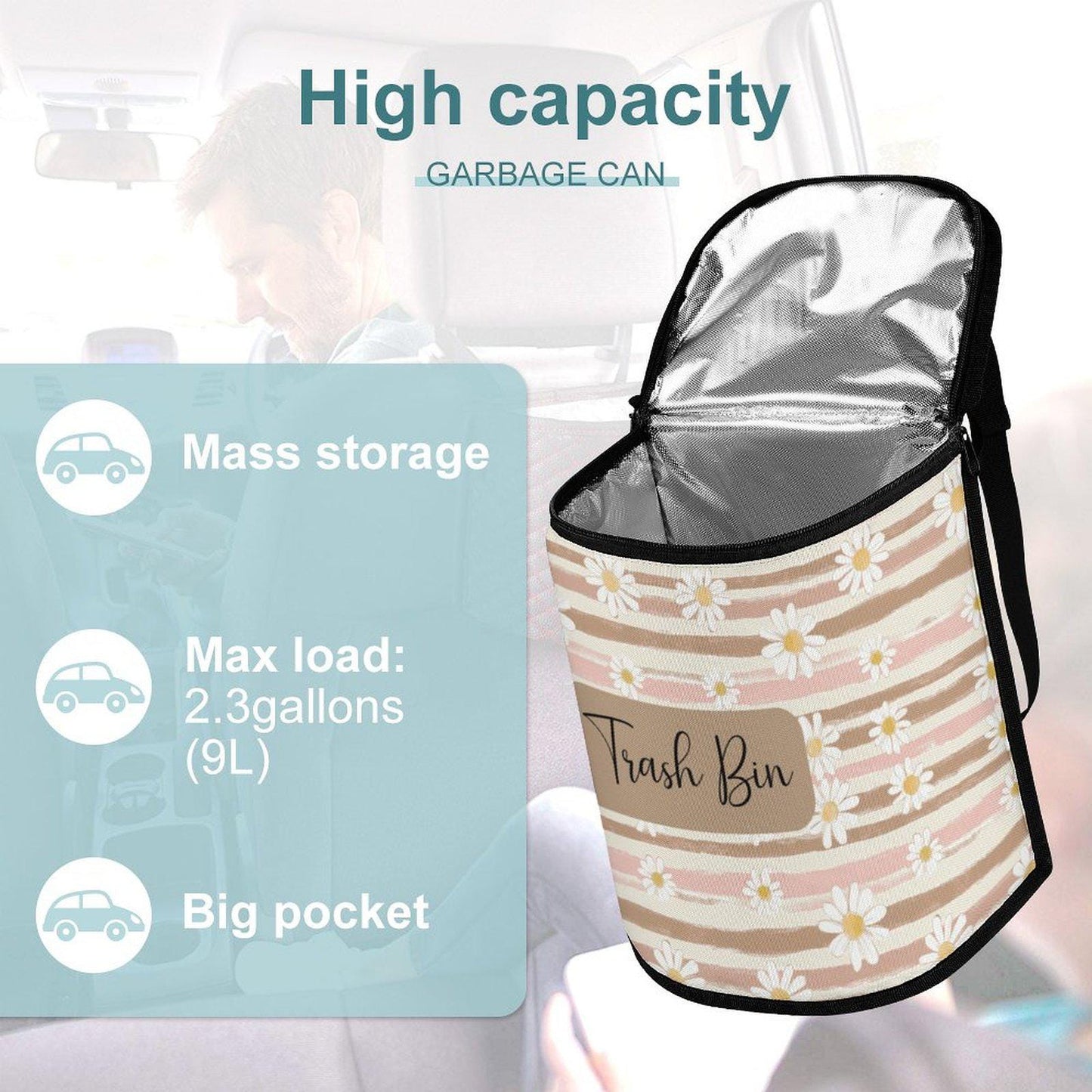 Floral Trash Bin, Foldable Auto Waste Container: Daisy-Themed Portable Vehicle Garbage Organizer