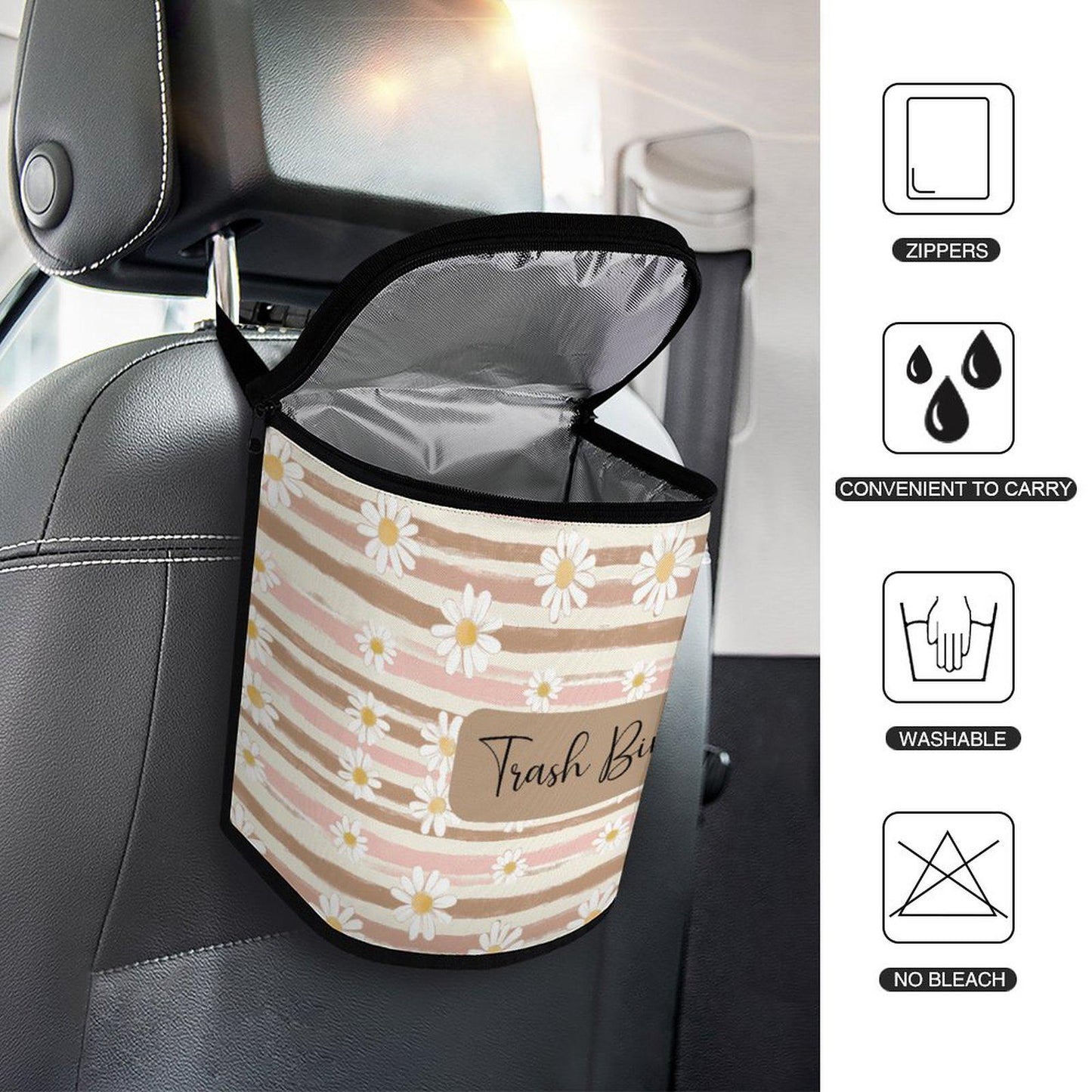 Floral Trash Bin, Foldable Auto Waste Container: Daisy-Themed Portable Vehicle Garbage Organizer