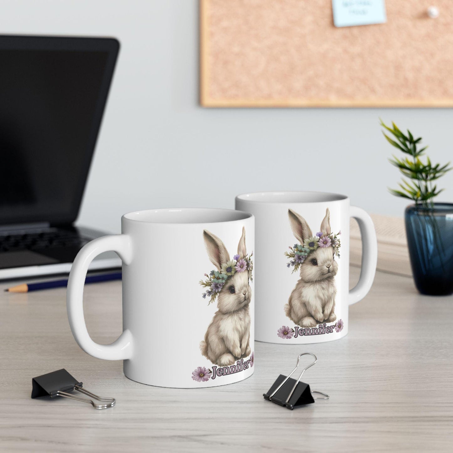 Floral Bunny Ceramic Mug - Rabbit Coffee Cup Easter Gift for Animal Lovers Spring Decor