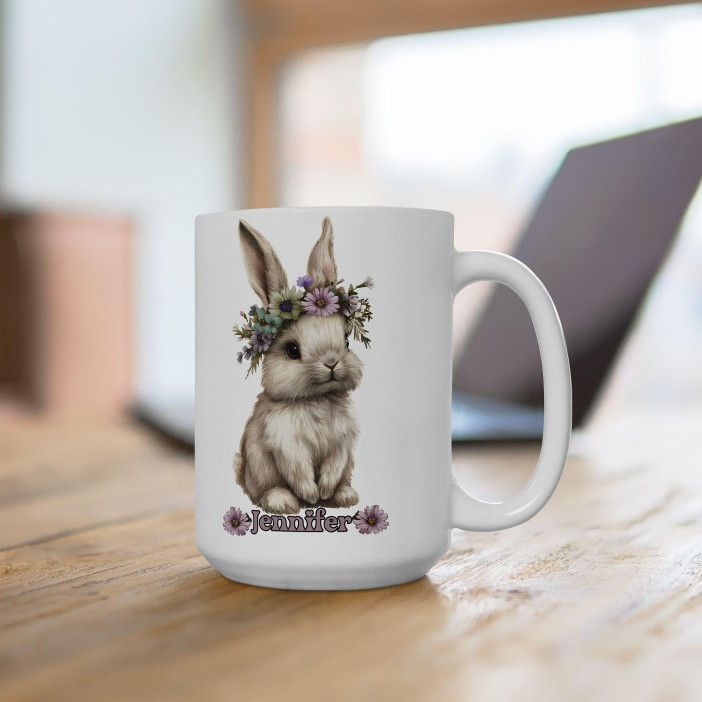 Floral Bunny Ceramic Mug - Rabbit Coffee Cup Easter Gift for Animal Lovers Spring Decor