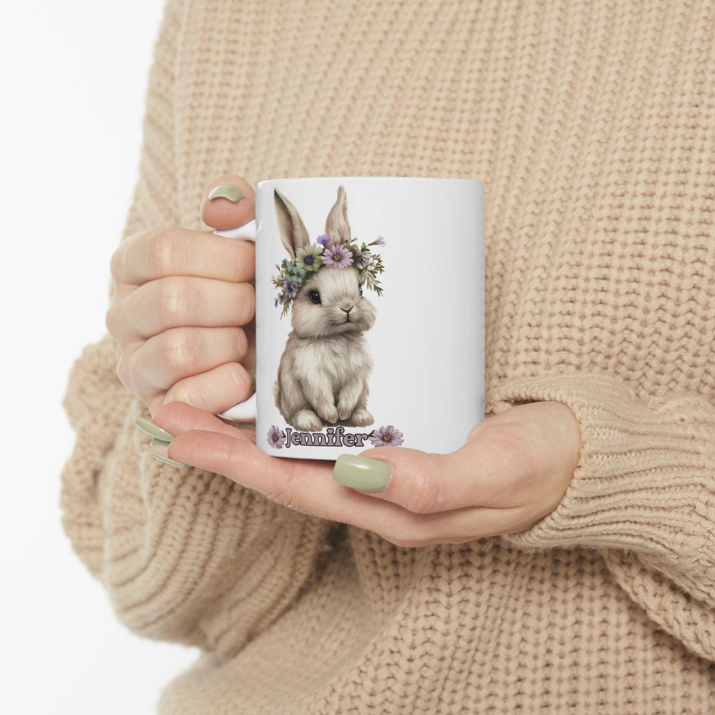 Floral Bunny Ceramic Mug - Rabbit Coffee Cup Easter Gift for Animal Lovers Spring Decor