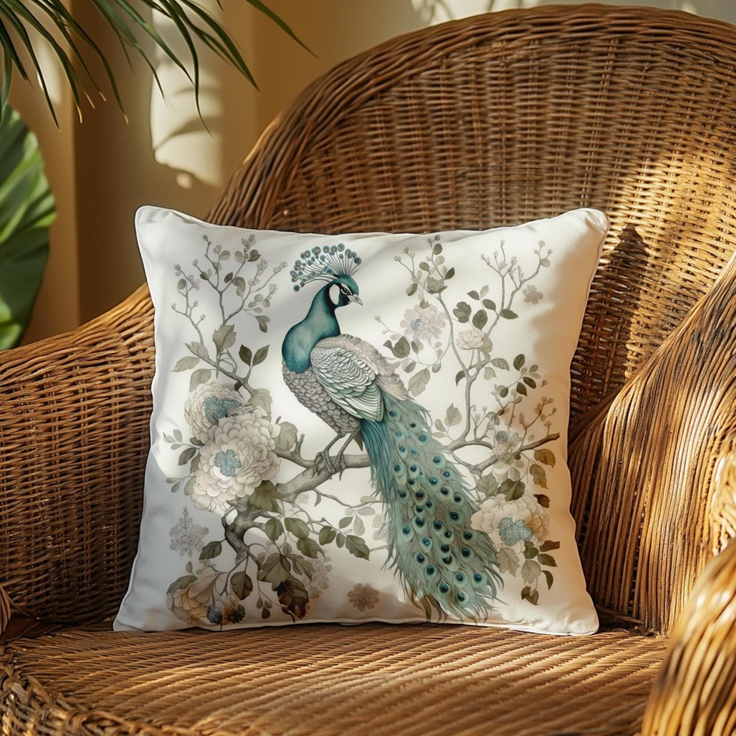 Peacock Throw Pillow: Floral Cushion, Boho Home Decor