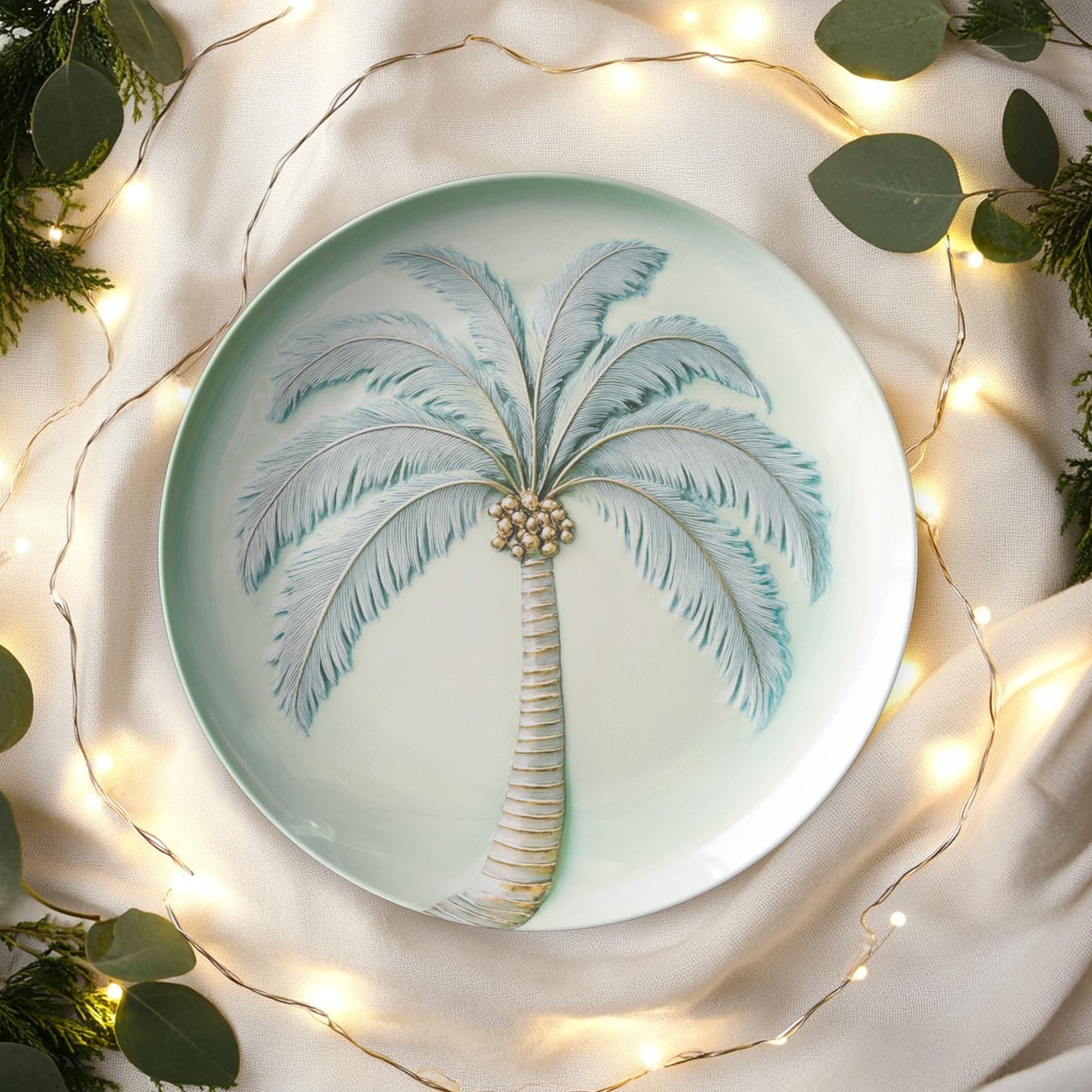 Tropical Palm Tree Dinner Plate | Coastal Beach House Tableware | Thermosaf Polymer Dishware