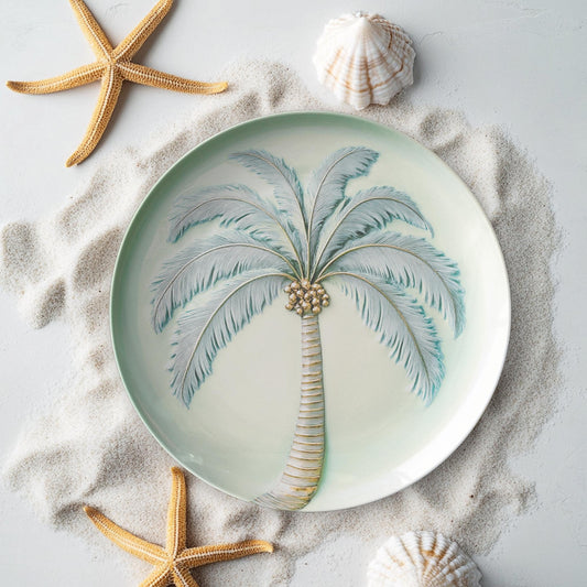 Tropical Palm Tree Dinner Plate | Coastal Beach House Tableware | Thermosaf Polymer Dishware