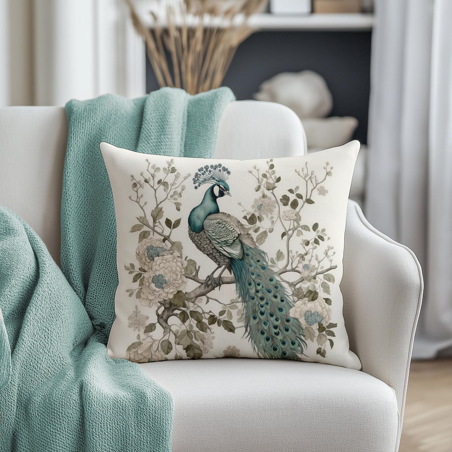 Peacock Pillow, Double-Sided 100% Spun Polyester Cover in Four Sizes