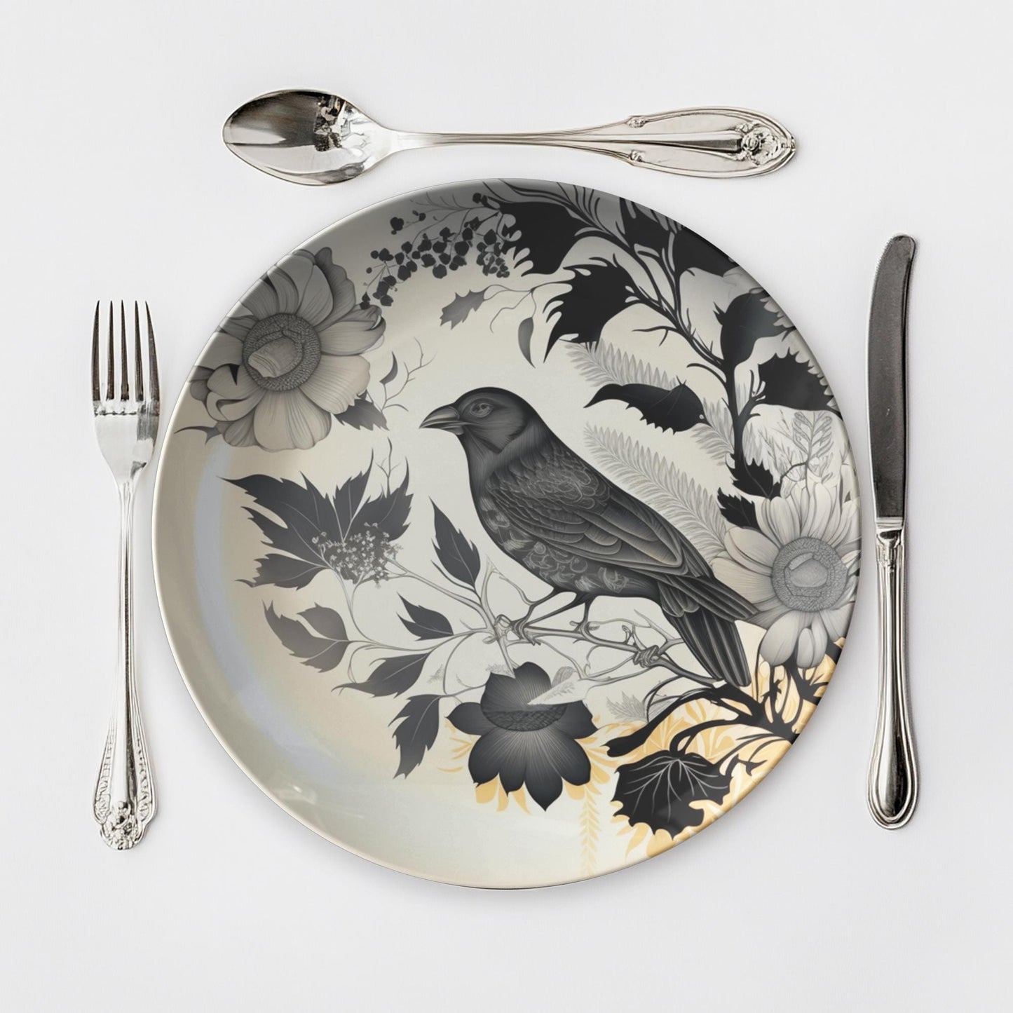 Rustic Crow-Themed Dinner Plates Set: Black Bird Tableware for Gothic Home Decor