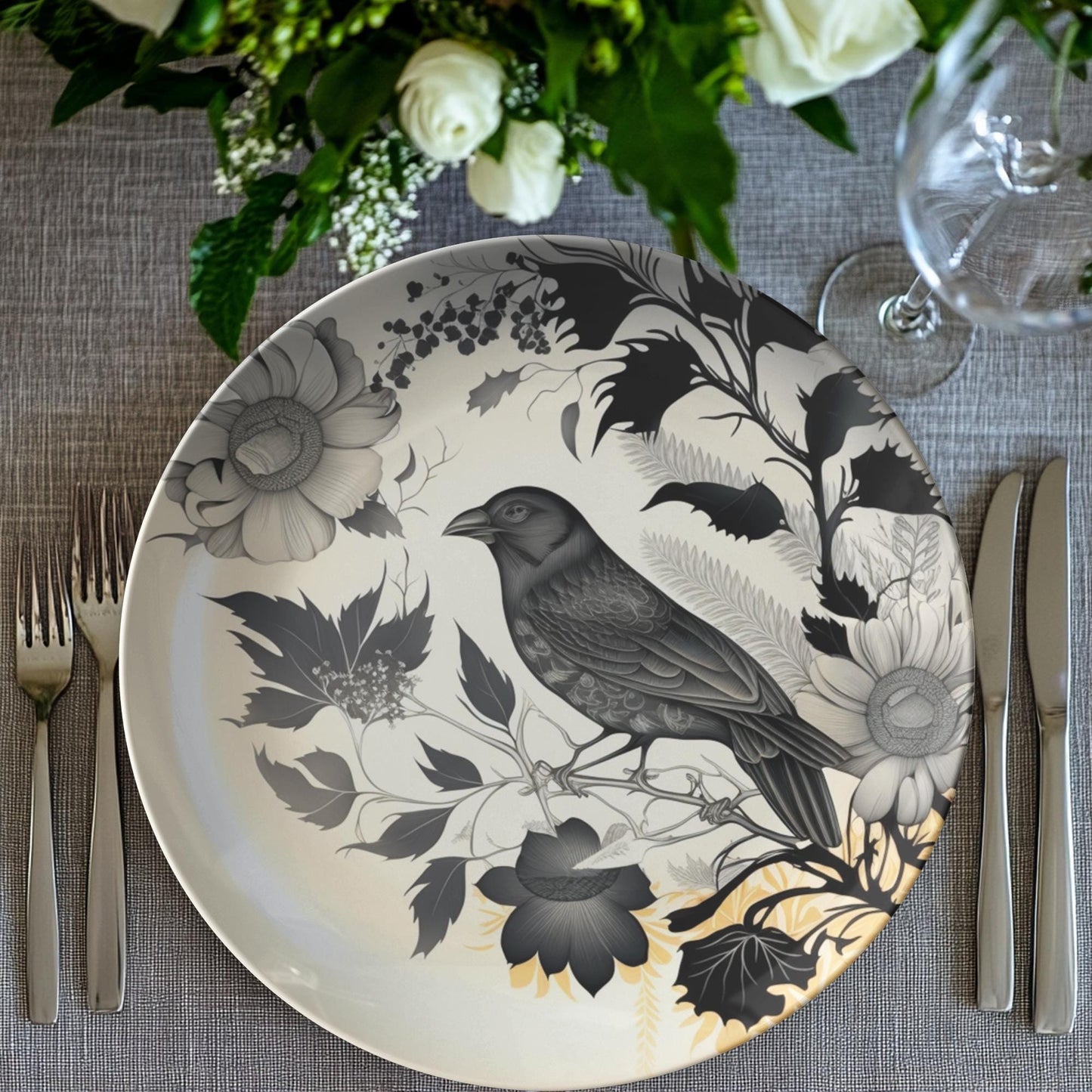 Rustic Crow-Themed Dinner Plates Set: Black Bird Tableware for Gothic Home Decor
