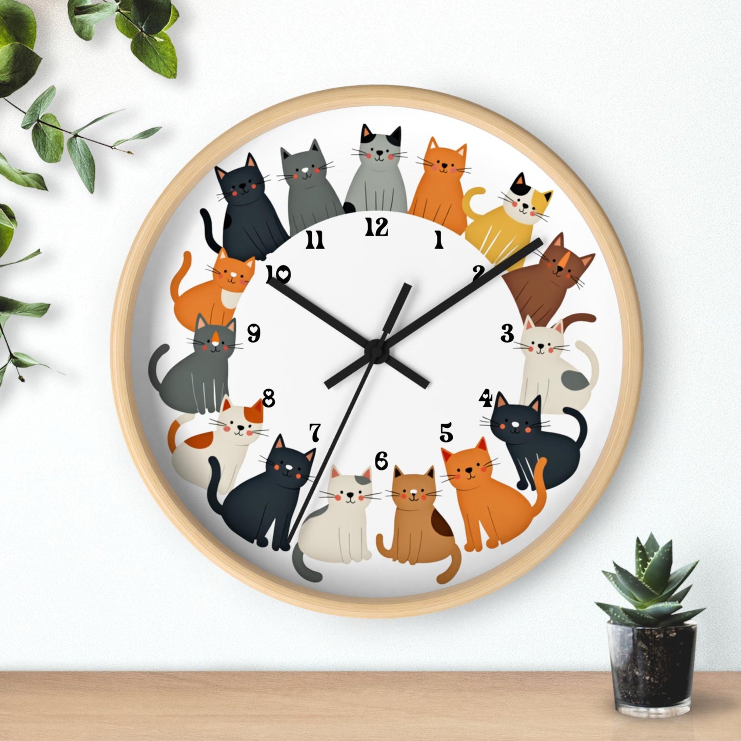 Cat Wall Clock: Playful Kitty Decor with Colorful Design and Wood Frame