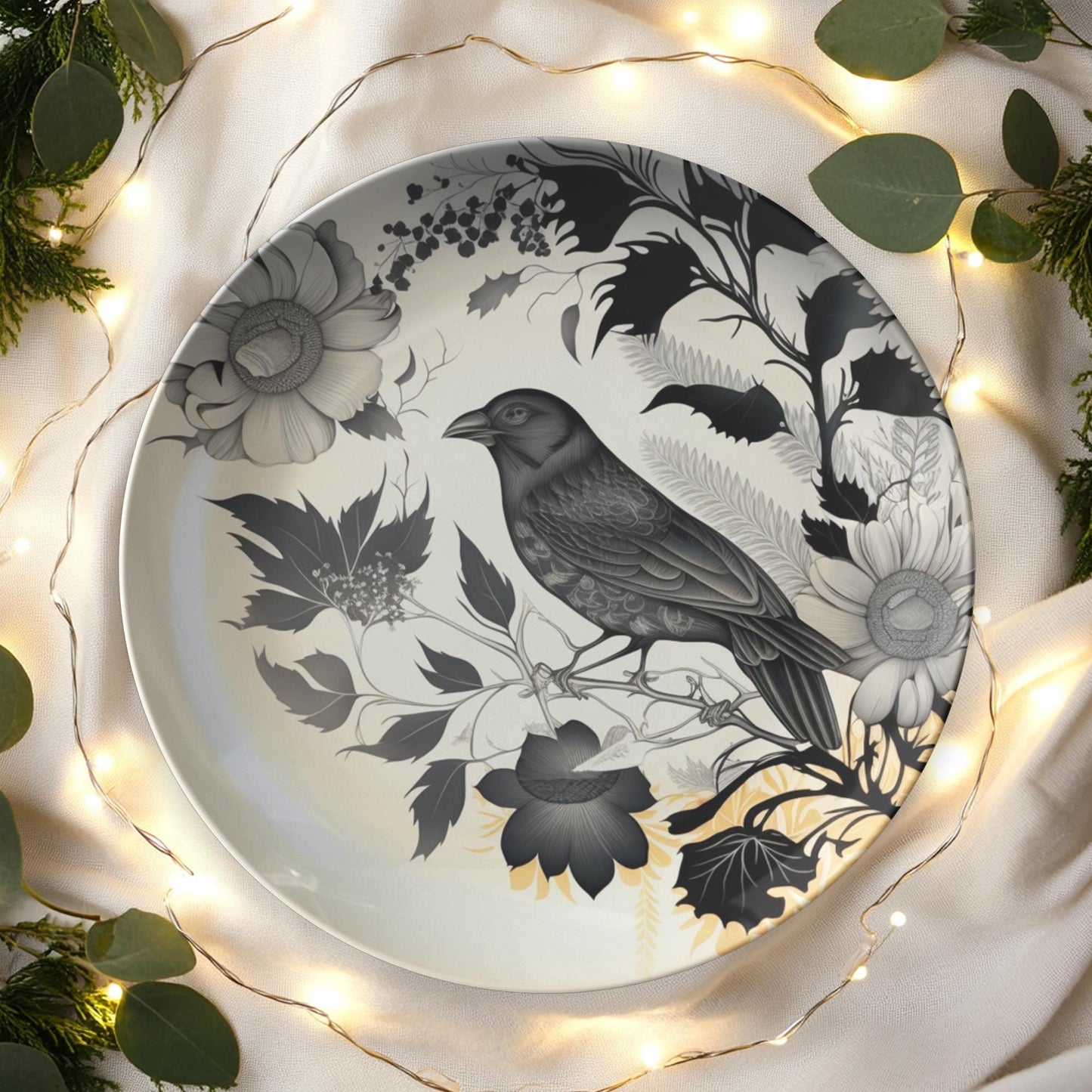 Rustic Crow-Themed Dinner Plates Set: Black Bird Tableware for Gothic Home Decor
